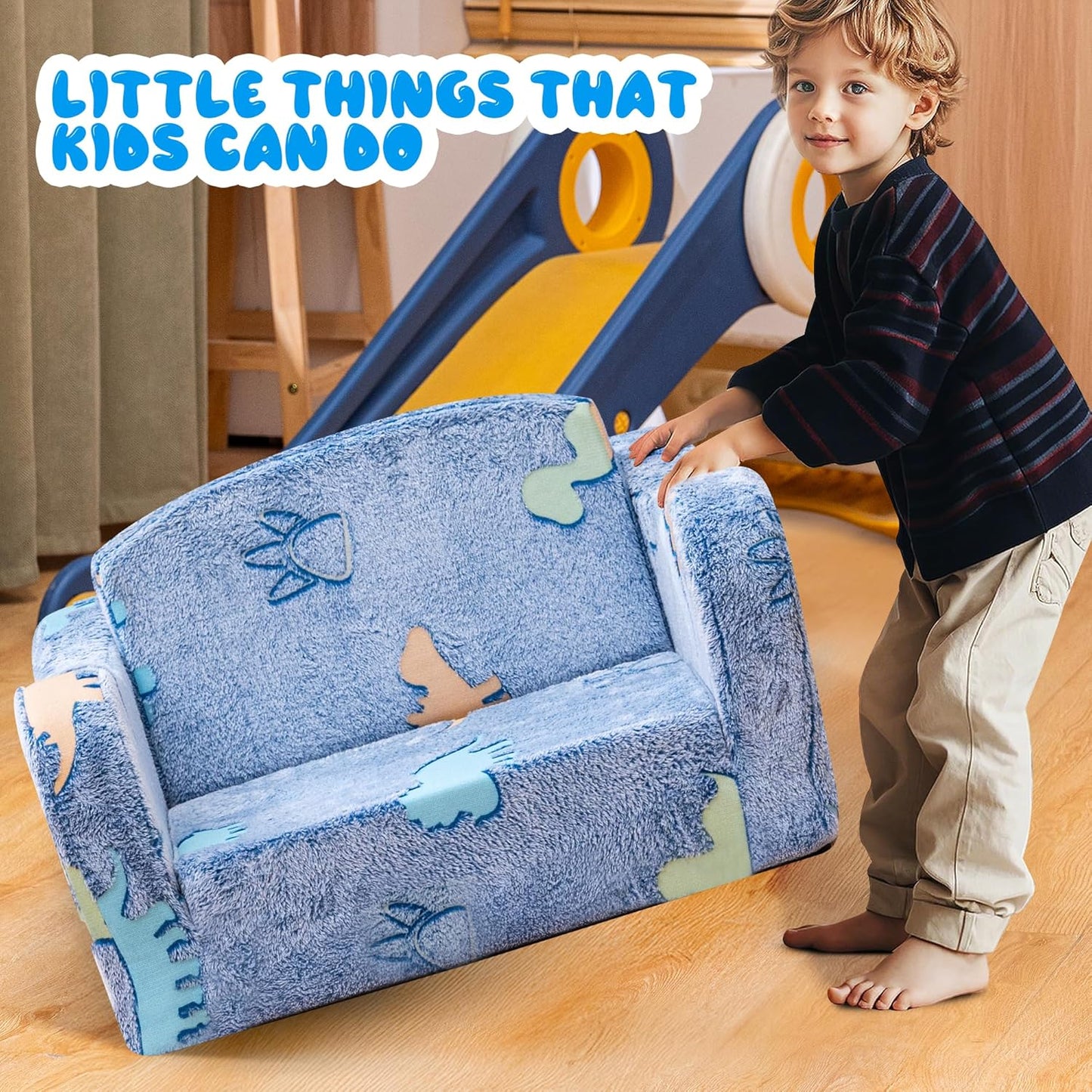 Lamerge 2-in-1 Toddler Couch,Glow in The Dark Baby Floor Bed,Foldable Toddler Chair Kids Sofa for playroom,Convertible Sofa to Lounger for Girls and Boys (Blue and Dinosaur)