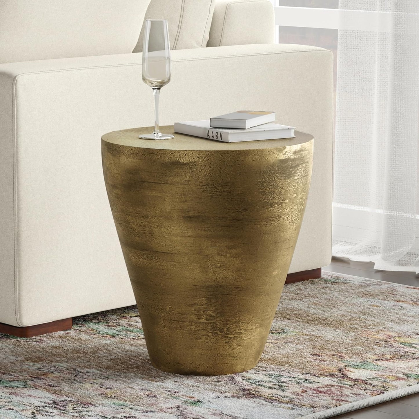 SIMPLIHOME Cavan Metal Side Table in Antique Brass, 16.5" Round, 17.75" H, Cast Aluminum Accent Table for Living Room, Bedroom, Office, Mid-Century Modern Design