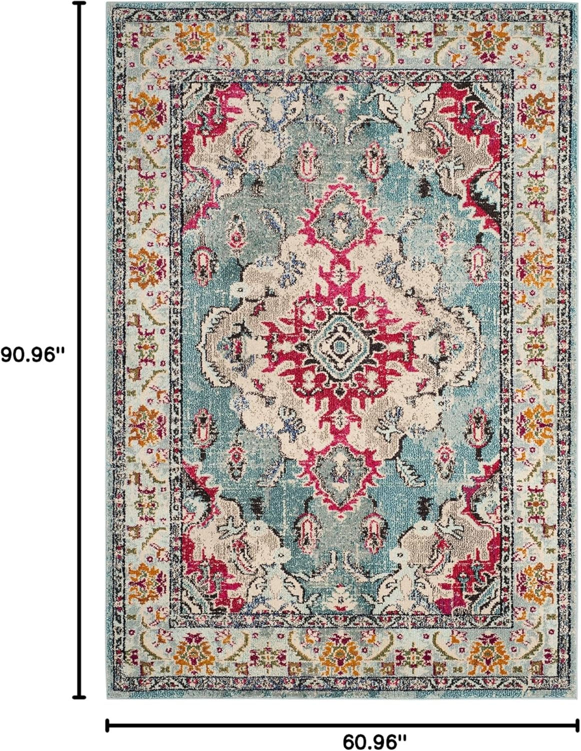 SAFAVIEH Monaco Collection Area Rug - 5'1" x 7'7", Light Blue & Fuchsia, Boho Chic Medallion Distressed Design, Non-Shedding & Easy Care, Ideal for High Traffic Areas in Living Room, Bedroom (MNC243J)