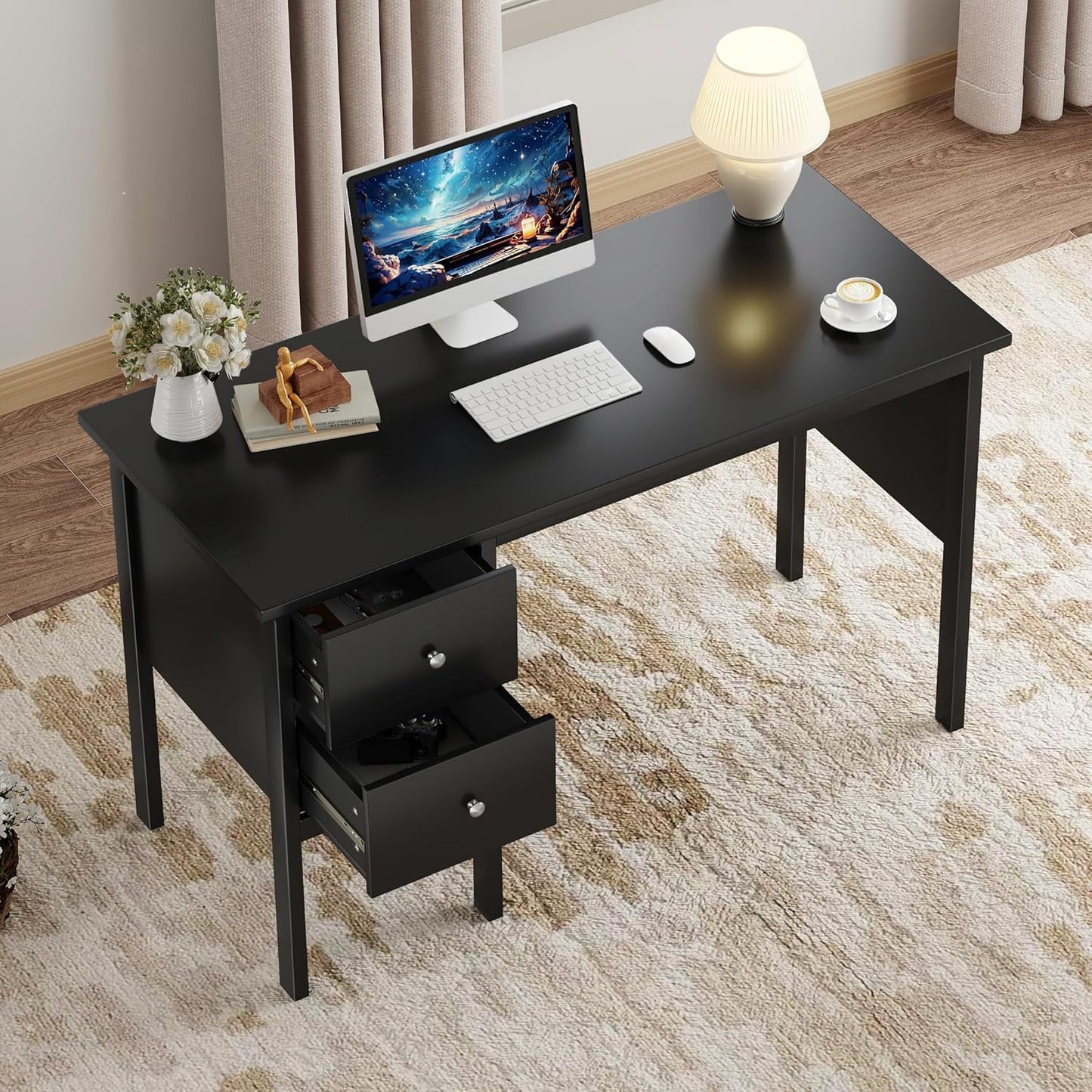 BHG Computer Desk with Drawers,Modern White Home Office Desk with Storage Filing Cabinet, Vanity Desk Makeup Dressing Table for Bedroom,Small Writing Table PC Desks for Study (Black, 43.3")