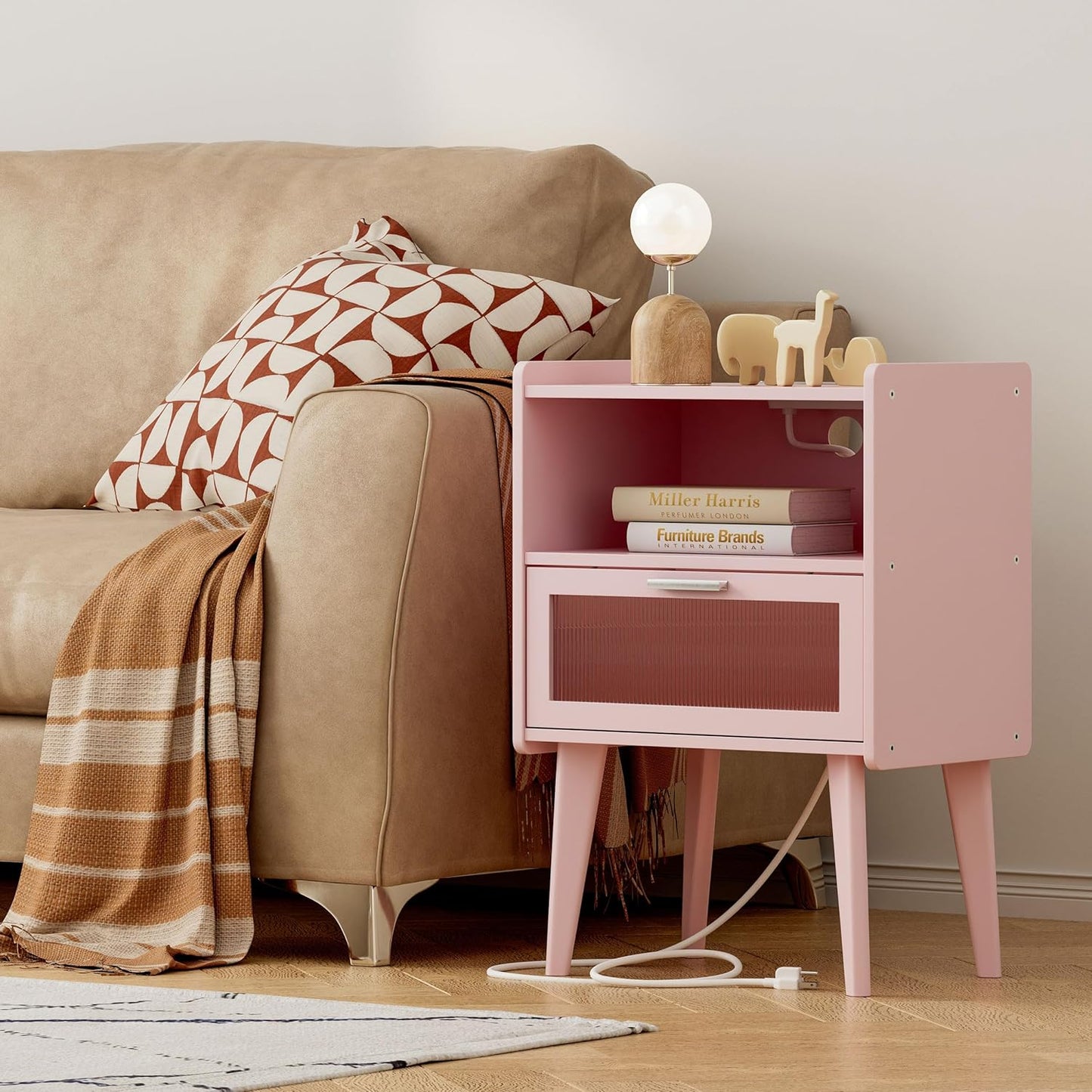 Nightstand with Charging Station, Bedside Tables Pink End Table Side Table with 2 Tiers Storage Space, for Bedroom Living Room MLBZ07PE