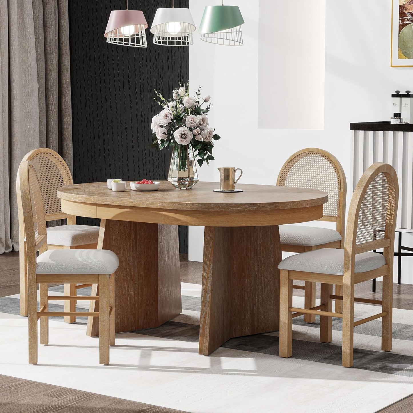 Ball & Cast Retro Dining Table Set for 4 with 4 Upholstered Chairs,5-Piece Wooden Living Room Furniture W/ 58" Round Extendable Kitchen Desk,for Small Space,Apartment,Dining Room,Natural Wood Wash