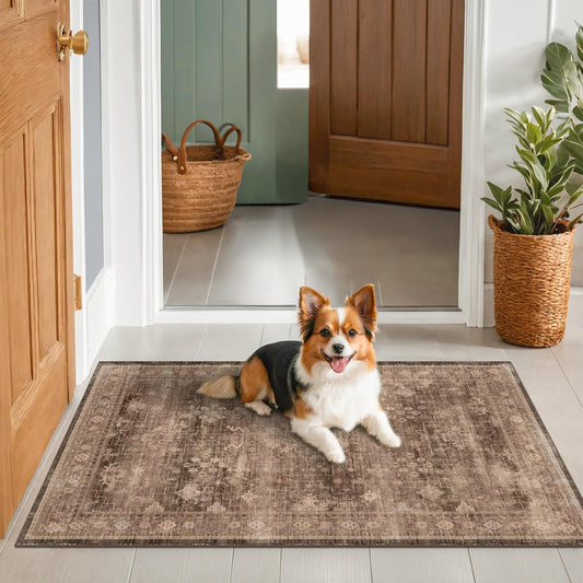 Brown Boho Washable Entry Rug, 3x4 Rugs for Entryway Kitchen Bathroom Door Mat Indoor Entrance, Non Slip Rubber Backing, Stain & Fade Resistant, Earthy Taupe Floral Design