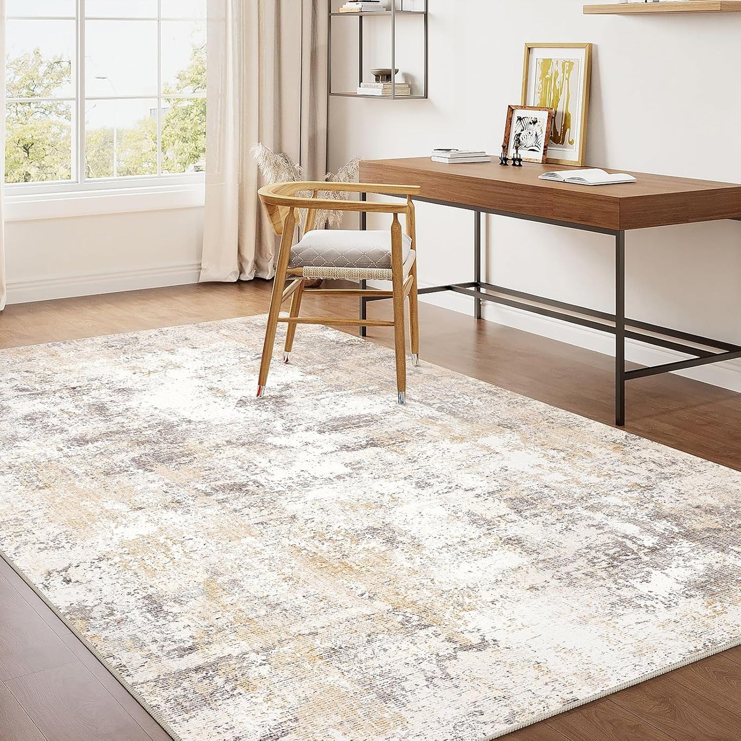 4x5 Washable Area Rug Beige Grey Neutral Abstract Entryway Kitchen Non Slip Low Pile Throw Rug Living Room Bedroom Indoor Doormat Soft Carpet for Entrance Bathroom Office