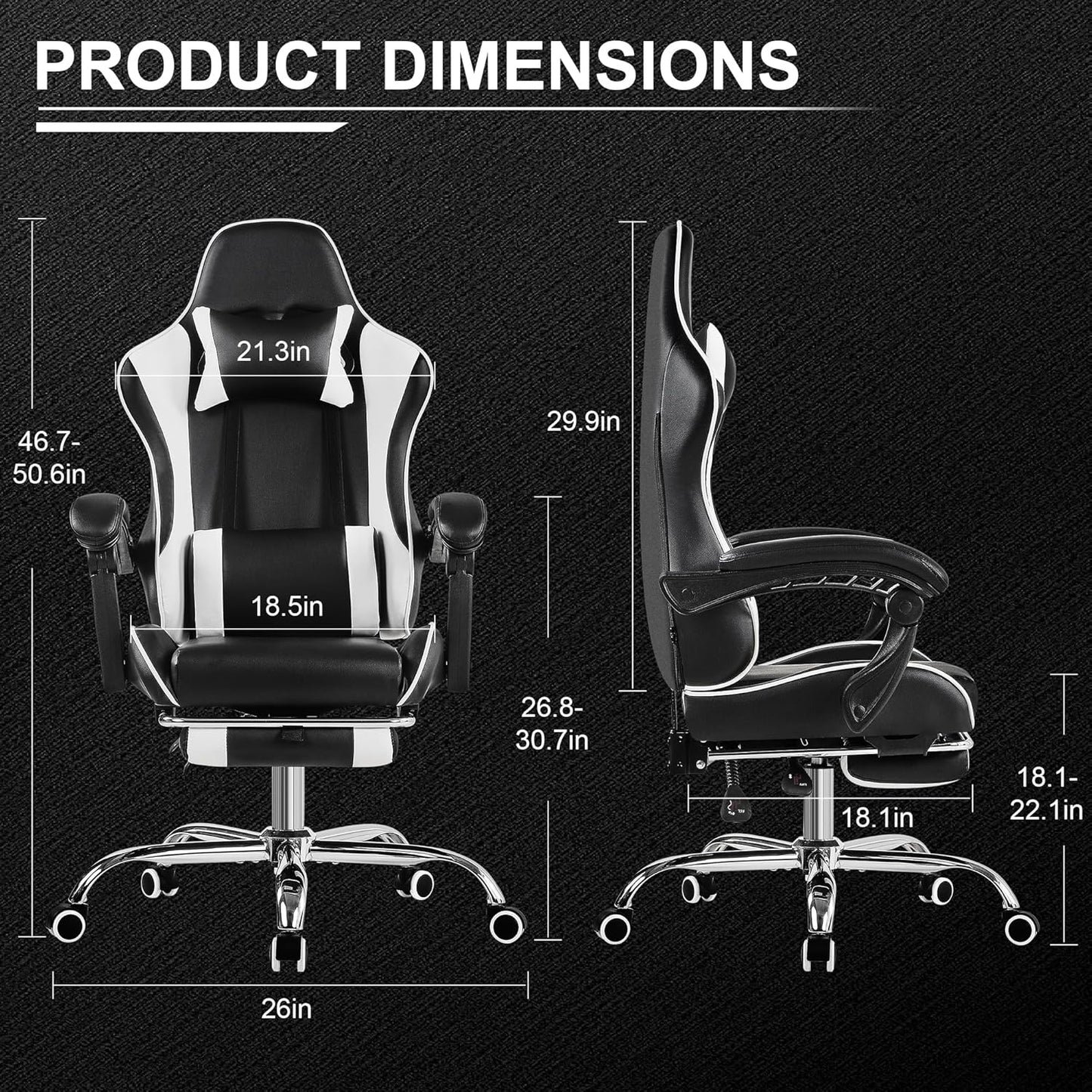 VECELO Ergonomic Gaming Chair with Footrest, Comfy Recliner Computer Chair, Swivel Seat, Height Adjustable, High Back PU Leather, Lumbar Support, Headrest for Adults, Black