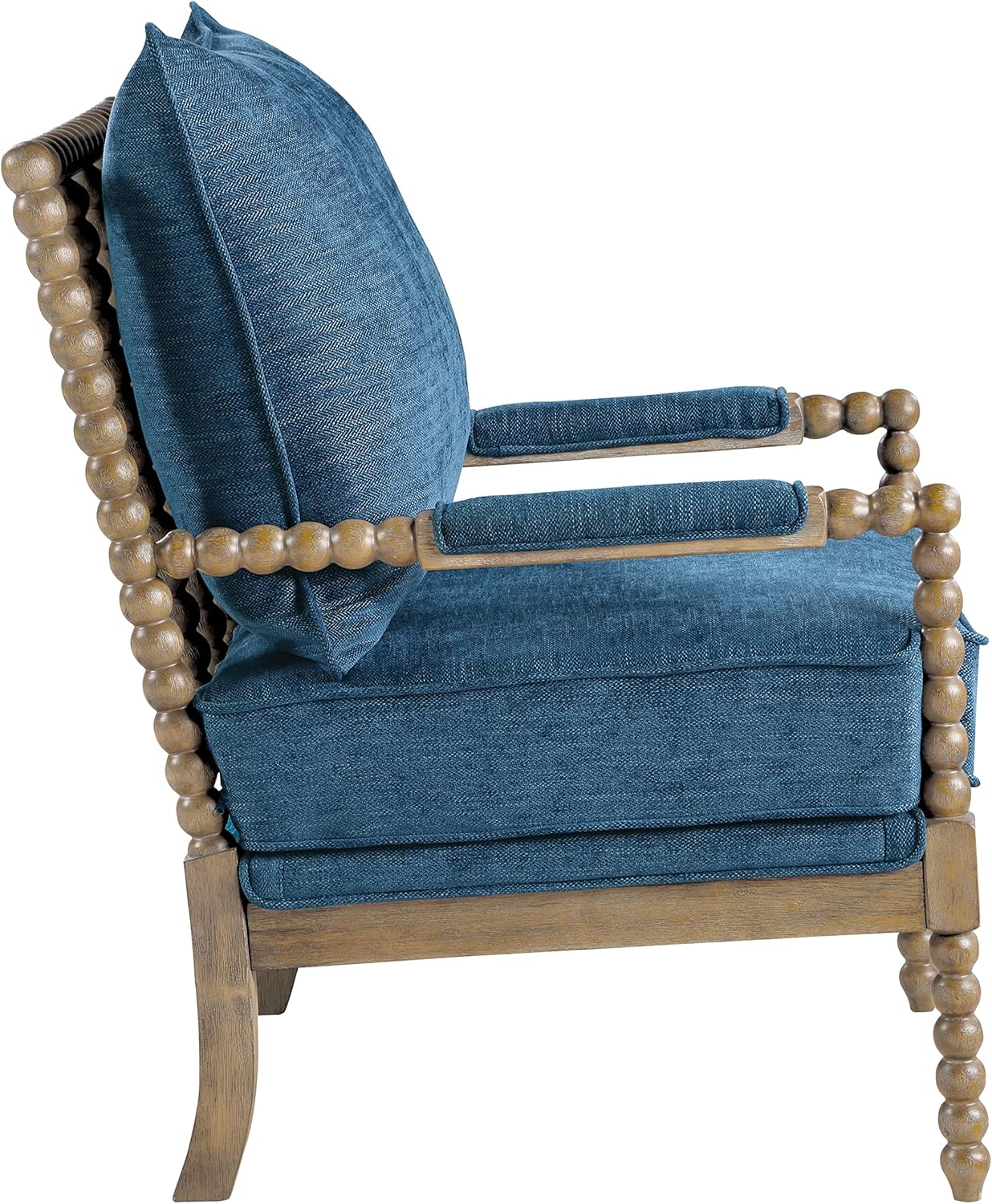 OSP Home Furnishings Fletcher Spindle Accent Chair with Rustic Brown Finish, Navy Blue Upholstery