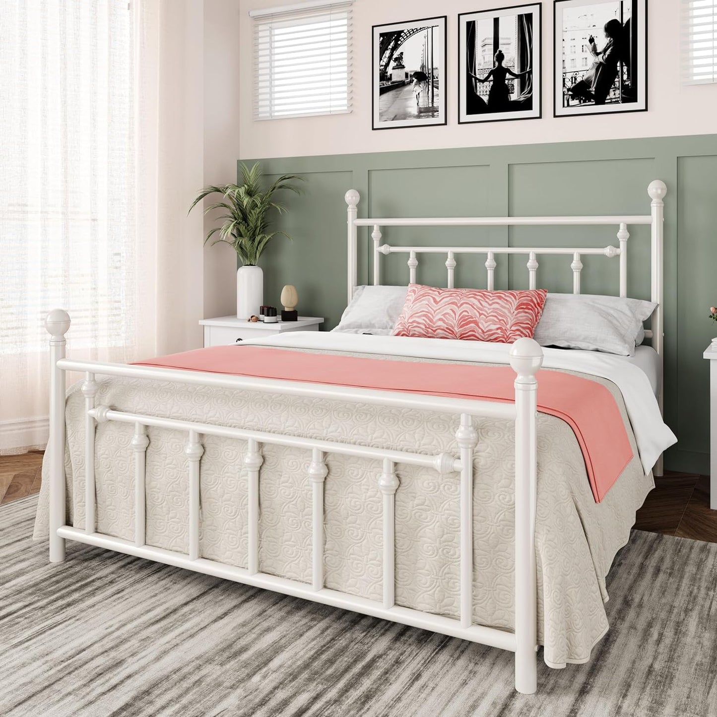 Allewie 14 Inch Full Size Metal Platform Bed Frame with Victorian Vintage Headboard and Footboard/Mattress Foundation/Under Bed Storage/No Box Spring Needed/Easy Assembly/Noise Free/White