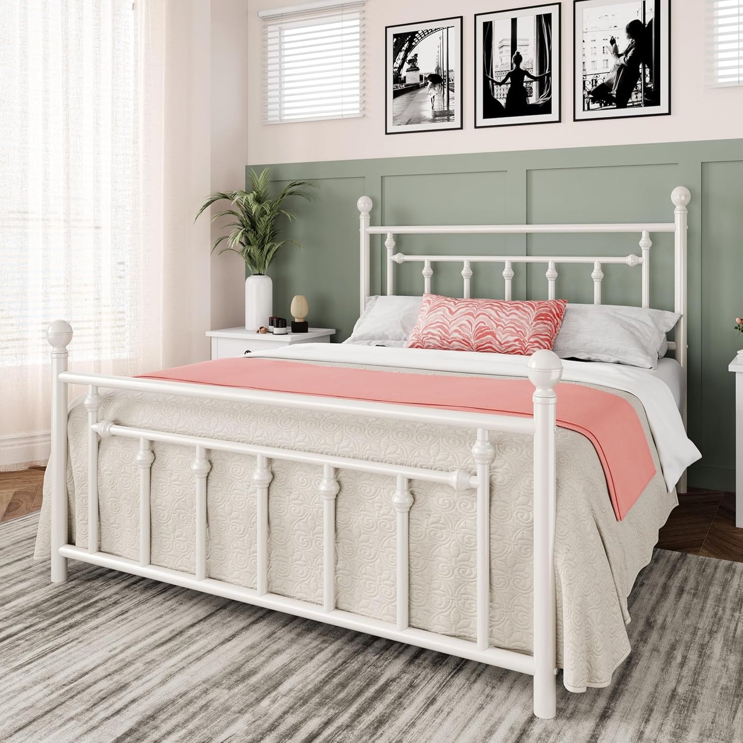 Allewie 14 Inch Queen Size Metal Platform Bed Frame with Victorian Vintage Headboard and Footboard/Mattress Foundation/Under Bed Storage/No Box Spring Needed/Easy Assembly/Noise Free/White