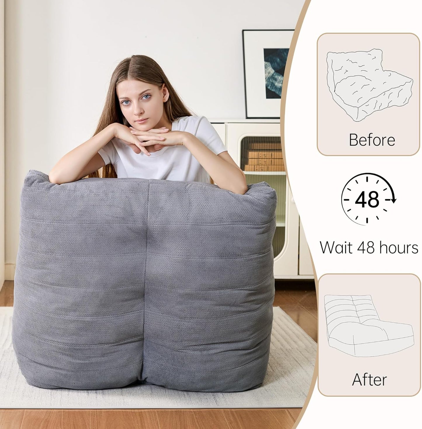 Bean Bag Chairs for Adults, Memory Foam Bean Bag Chair, Spacious Single Sofa, Ergonomic Support Reading Floor Sofa Chair with Filler, Comfy Cozy Beanbag Couch for Bedroom Living Room (Grey)