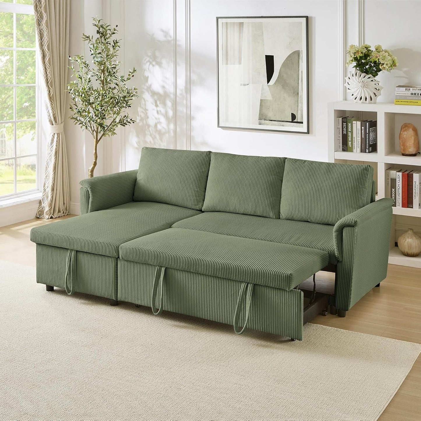 Ball & Cast Reversible Sectional Sofa Couch,L-Shape Sleeper Sofa Bed with Storage Chaise Pull Out Couch for Living Room | Hidden Storage | Pull Out Bed | Removable Backrest | Corduroy Fabric,Green