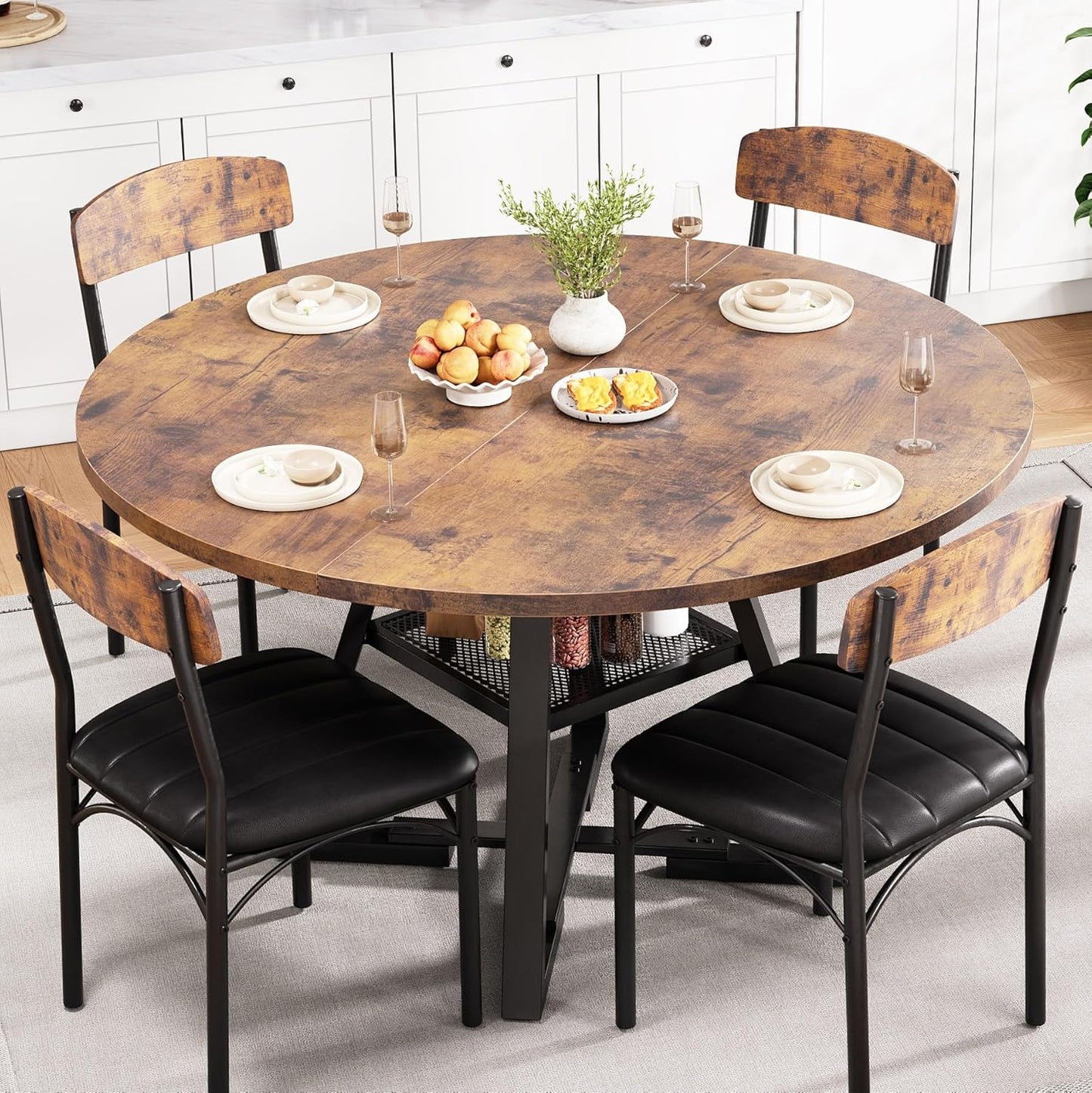 Round Dining Table Set for 4, Kitchen Table and Chairs for 4, Circle Table Round Pedestal Dining Room Dinner Dinette Table Set,5 Piece Space Saving Wood Kitchen & Dining Room Tables Set Furniture