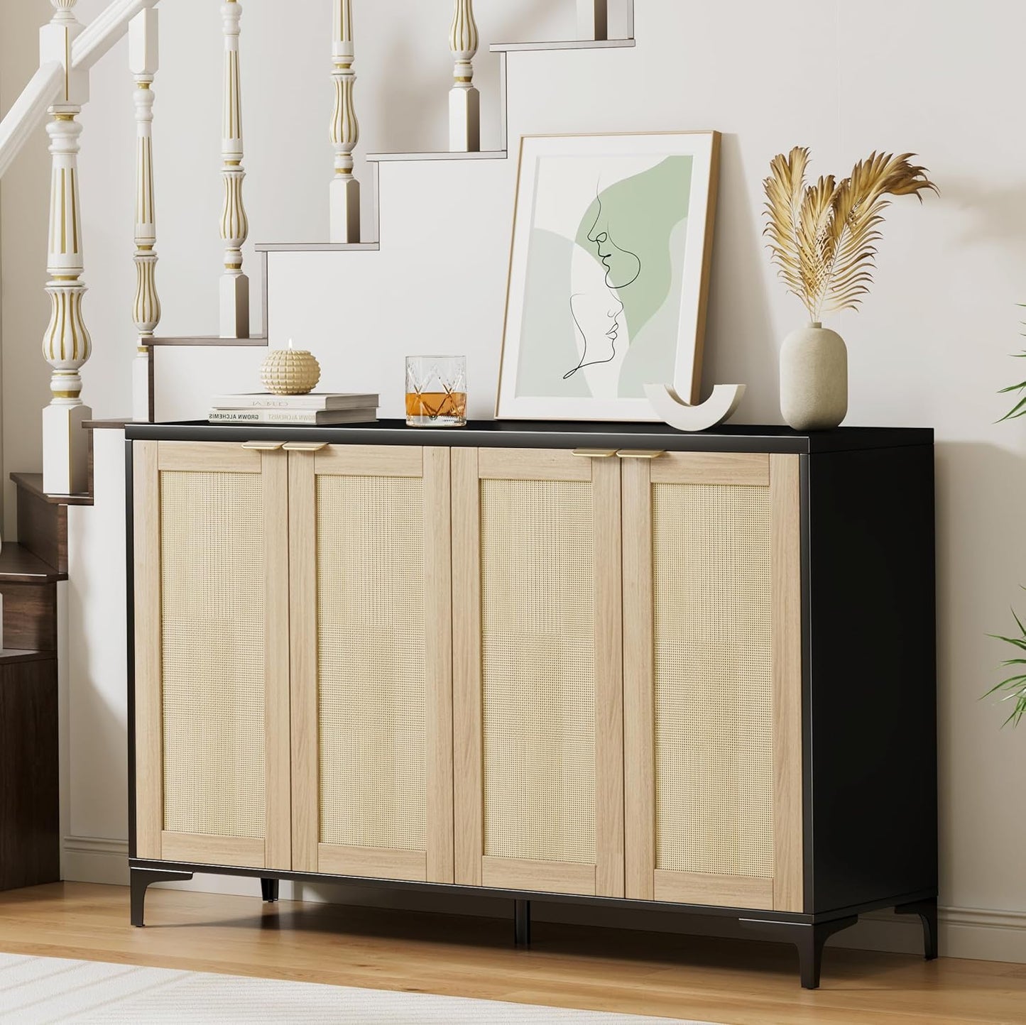 Sideboard - Buffet Cabinet with Storage, Rattan Cabinet with 4 Doors and Adjustable Shelves, Accent Cupboard with Metal Feet, Black Sideboard Console Table for Living Room, Entry, Dining Room