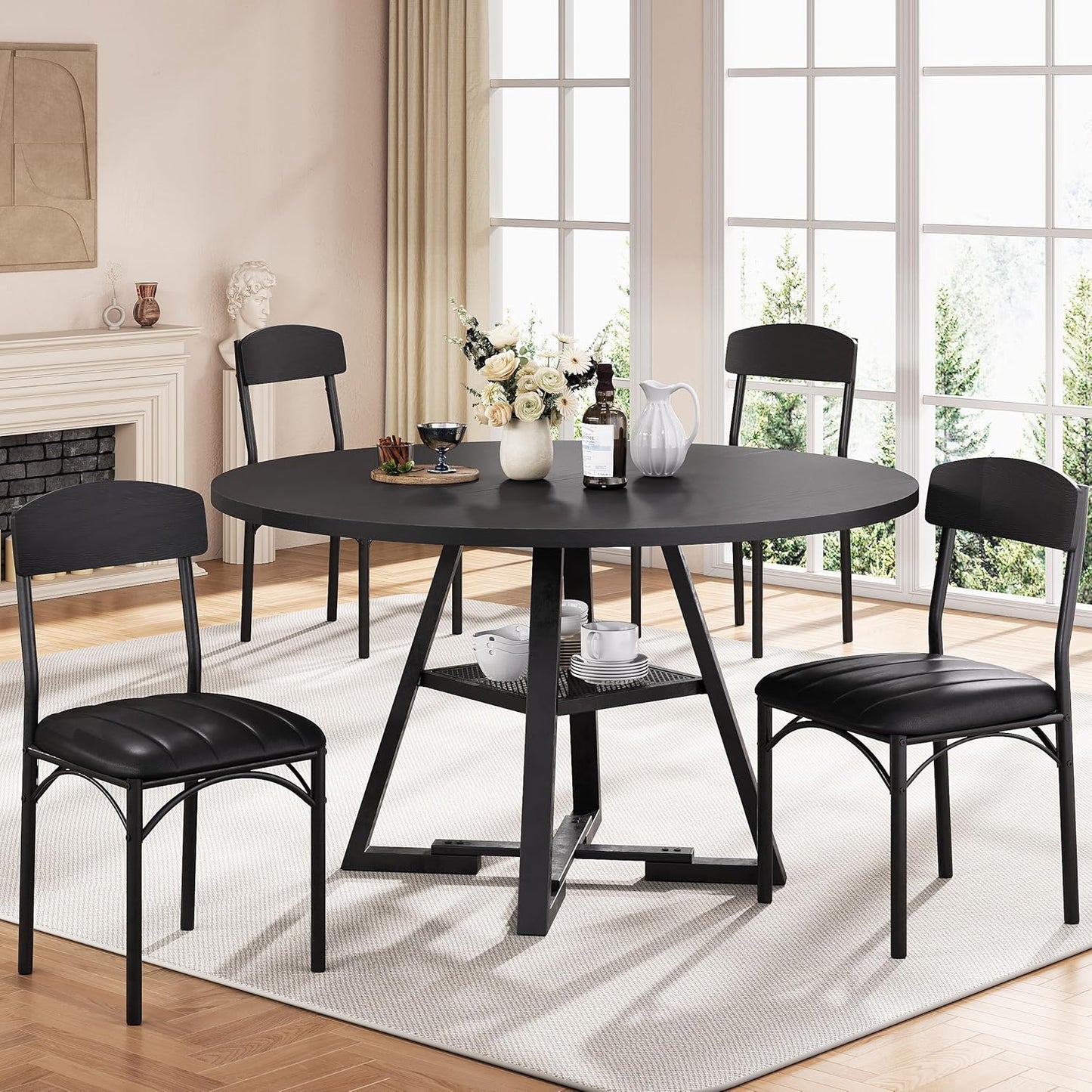 Round Dining Table Set for 4, Kitchen Table and Chairs for 4, Circle Table Round Pedestal Dining Room Dinner Dinette Table Set,5 Piece Space Saving Wood Kitchen & Dining Room Tables (Black, 42In)