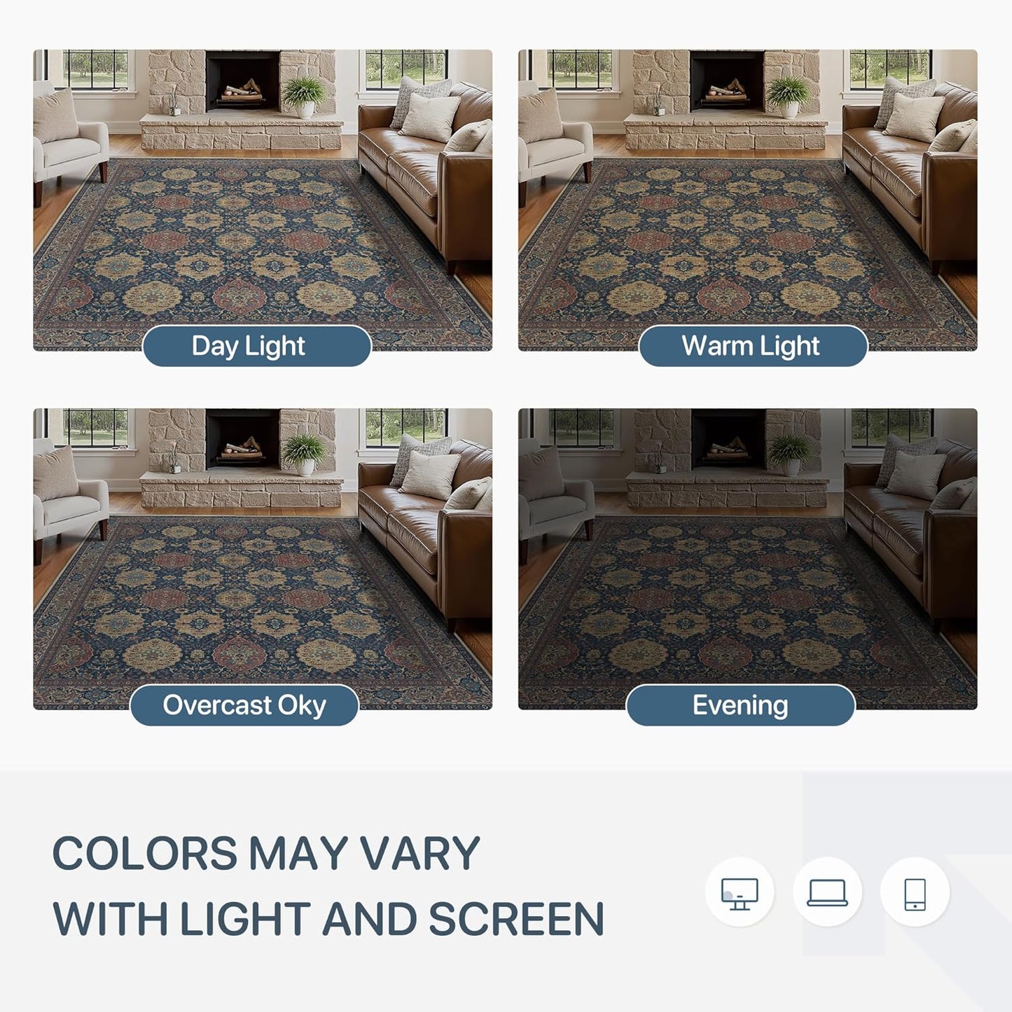 8X10 Area Rugs Machine Washable Rugs for Living Room, Vintage Boho Large Rugs for Bedroom Dining Room, Non Slip Indoor Soft Distressed Lightweight Thin Low Pile Carpet, Navy Tan