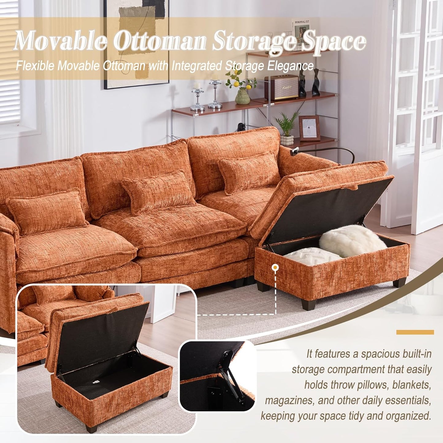 Ball & Cast 109" Oversized Sectional Sofa,Comfy Cloud Couch W/Movable Storage Ottoman,L Shaped Sectional Sofa W/USB Charging Port,Phone Holder&Side Pocke,Chenille Fabric,for Living Room,Orange