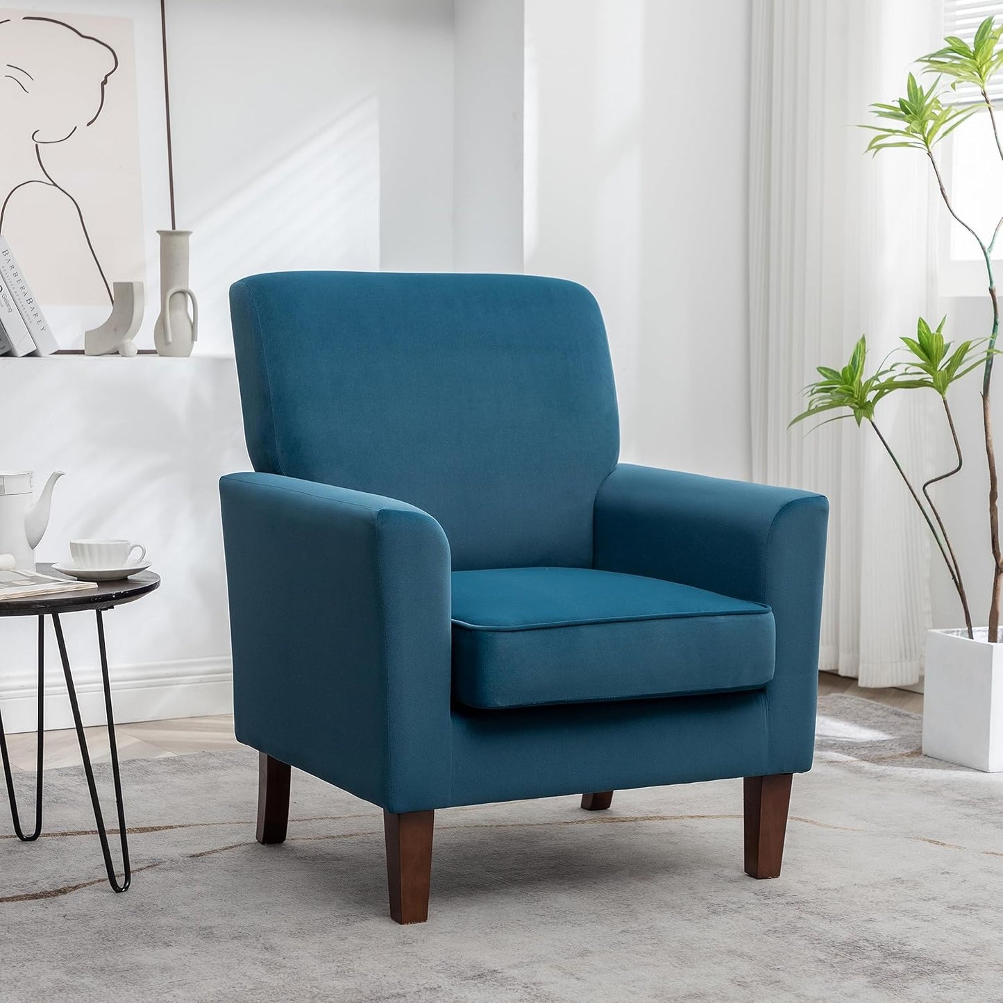 Container Furniture Direct Contemporary Accent Arm Chair with Birch Wood Frame and Velvet Upholstery, Armchair for Office and Living Room Decor, Removable Cushions, Greenish Blue