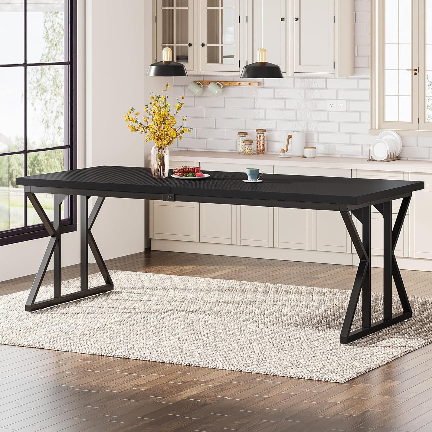 Tribesigns Farmhouse Dining Table for 6 People, 70.8-Inch Rectangular Wood Dining Table, Rustic Kitchen Table with Heavy Duty Metal Legs for Dining Room (Matte Black, 70.8-Inch)