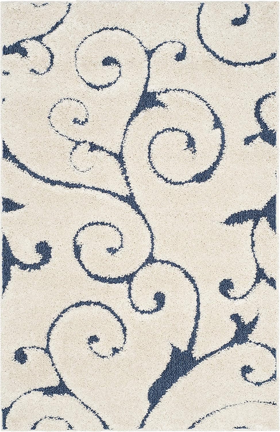 SAFAVIEH Florida Shag Collection Accent Rug - 3'3" x 5'3", Cream & Blue, Scroll, Non-Shedding & Easy Care, 1.2-inch Thick Ideal for High Traffic Areas in Entryway, Living Room, Bedroom (SG455-1165)
