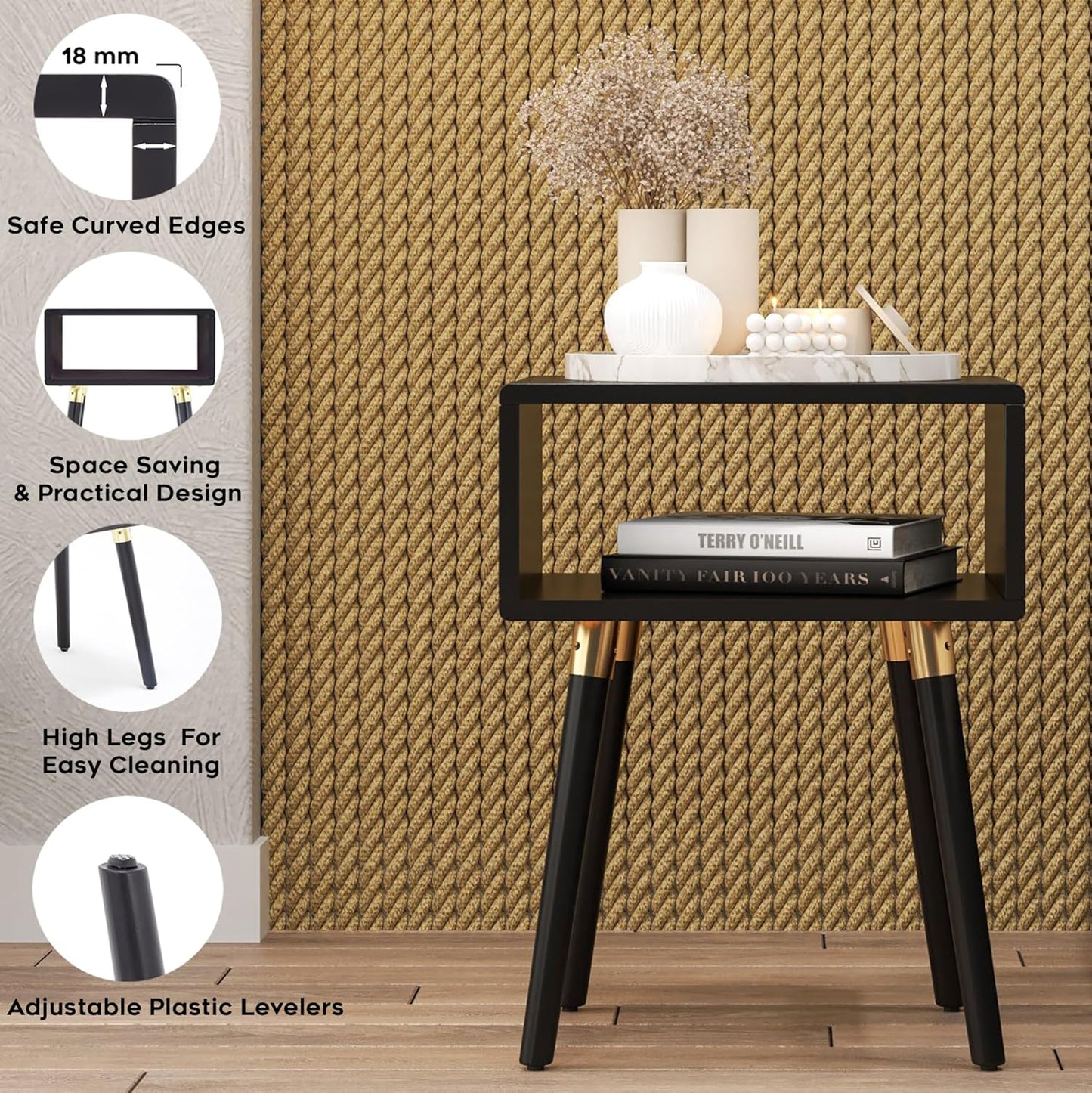 Bme Dinkee Solid Wood Nightstand, Fully Assembled, Without Drawer for Mid Century Bedroom and Living Room, Black