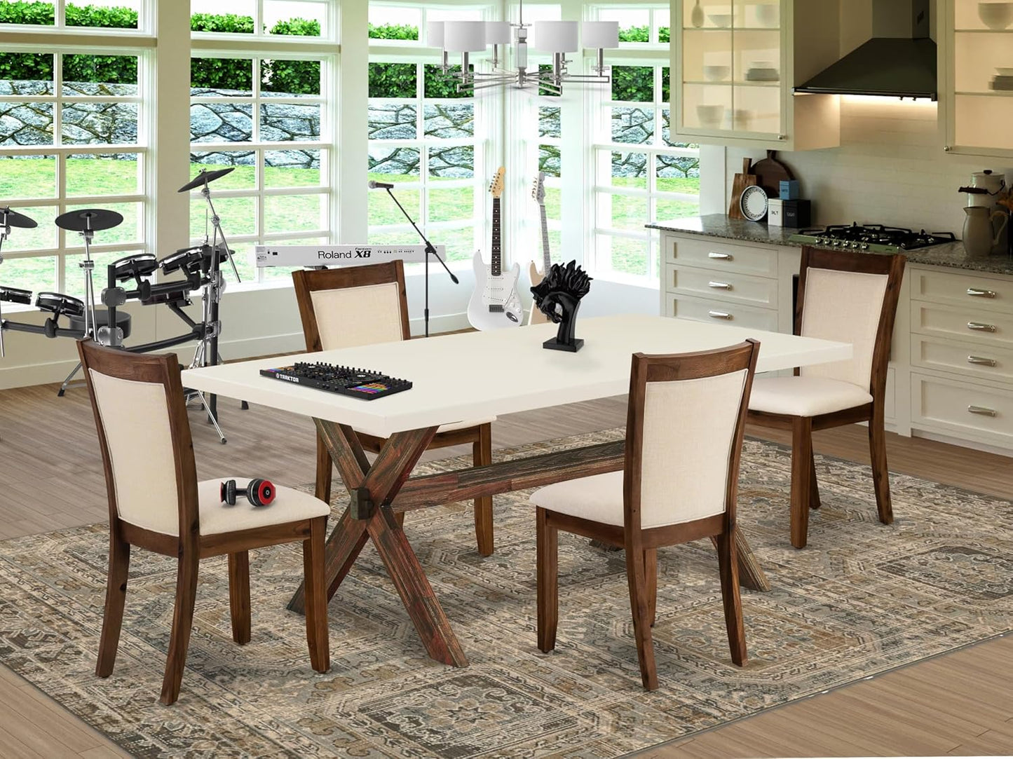 East West Furniture X727MZN32-5 5 Piece Dining Room Furniture Set Includes a Rectangle Dining Table with X-Legs and 4 Light Beige Linen Fabric Upholstered Chairs, 40x72 Inch, Multi-Color