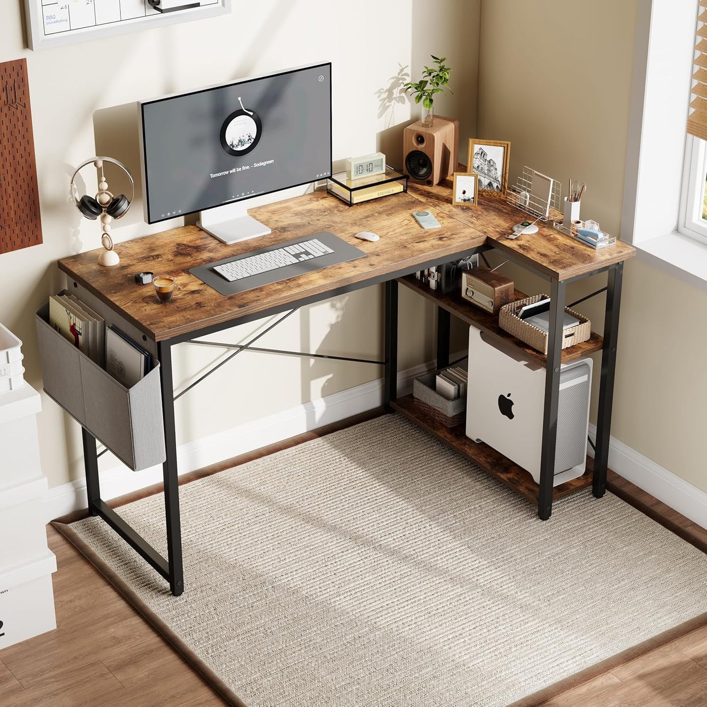 L Shaped Computer Desk with Reversible Shelves, 47 Inch Small Corner Desk with Storage Bag, Gaming Desk Computer Table Study Writing Desk for Home Office Small Space, Rustic Brown