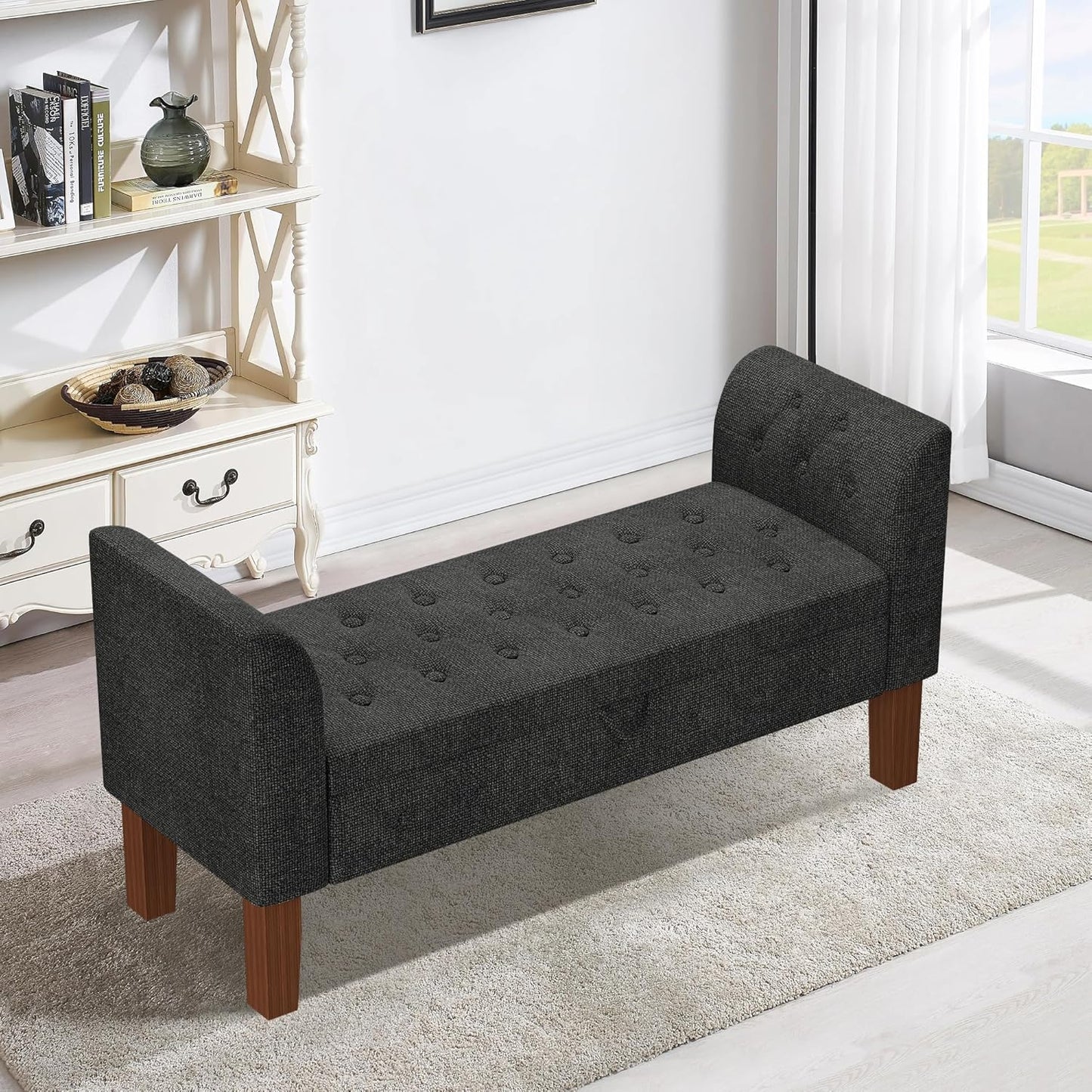 Awonde Storage Bench for Bedroom End of Bed Button Tufted Upholstered Bench Storage Ottoman Bench with Arms 52" Settee Bench Gray Linen