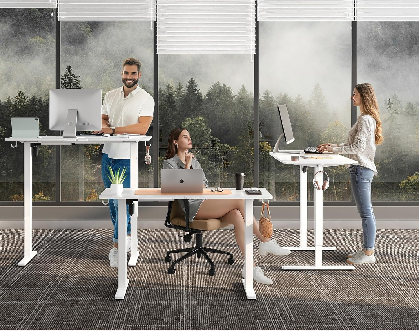 Electric Standing Desk Adjustable Height 40"x24" Stand Up Desk with Lockable Wheels Ergonomic Sit Stand Desk for for Work Office Home Computer Workstation (White)