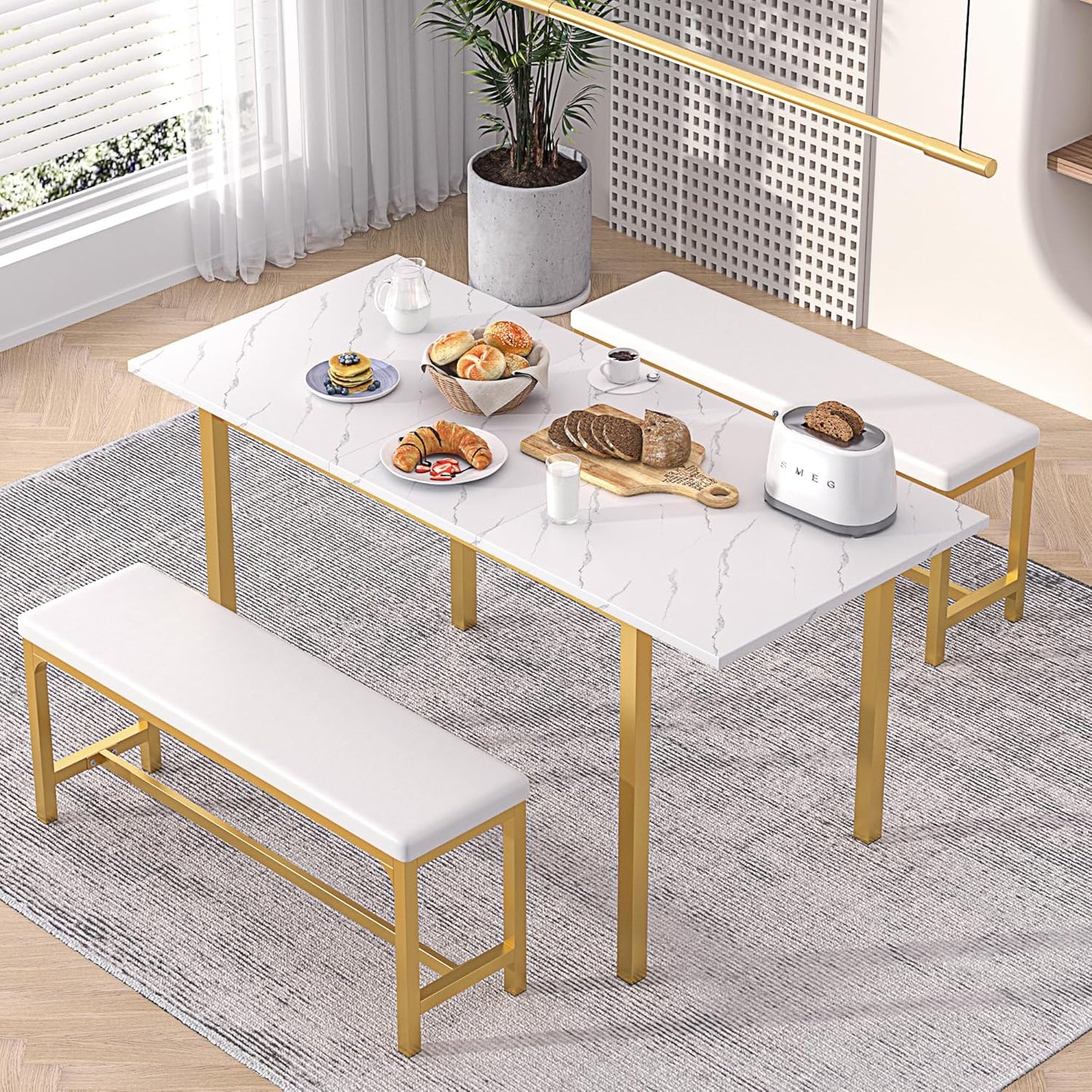 VECELO 3-Piece 63" Extendable Kitchen Table with Benches/Chairs, Modern Breakfast Dinette/Dining Room Set for 4/6/2, Small Space Saving Design, Easy Assembly