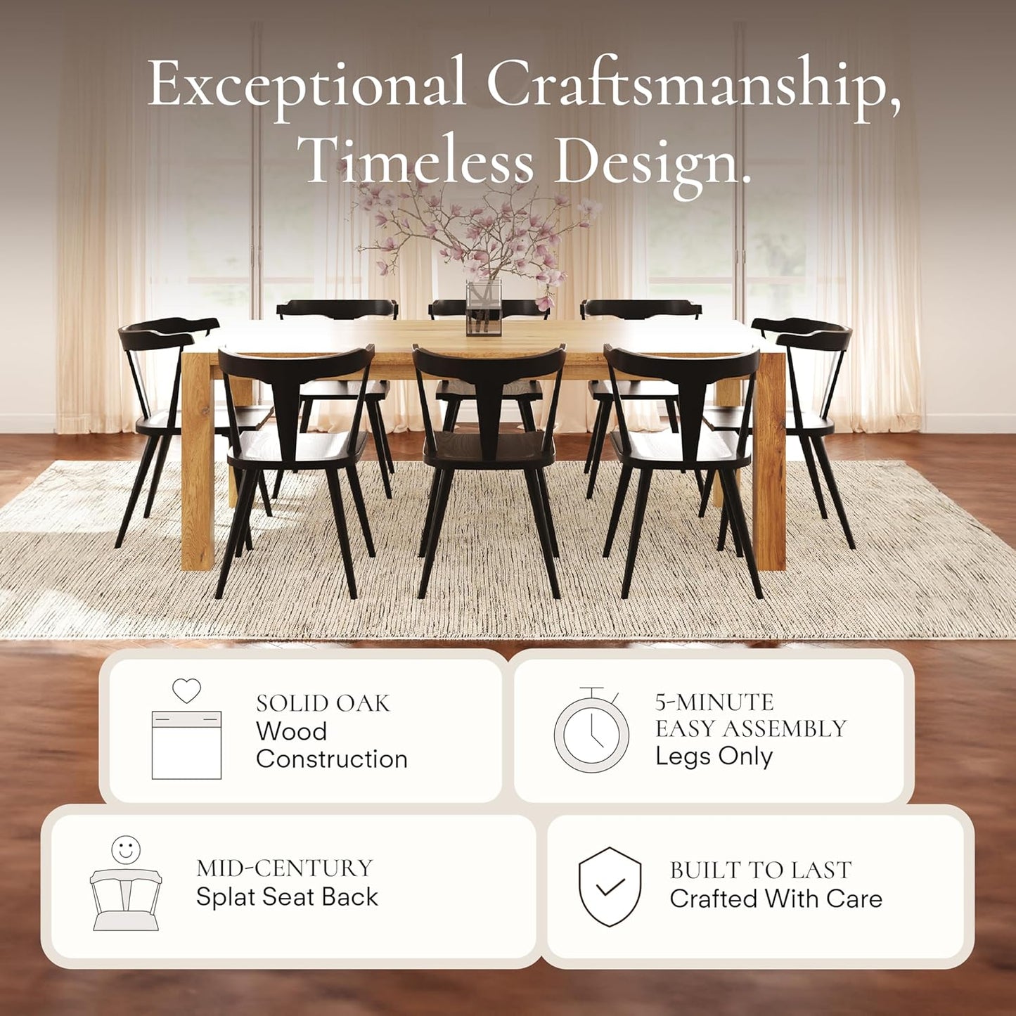 POLY & BARK Mid Century Modern Enzo Black Dining Chair – Solid Oak Wood Splat Back Chair, 18" Seat Height, 32" Tall – Stylish MCM Kitchen & Dining Room Chair - Set of 3