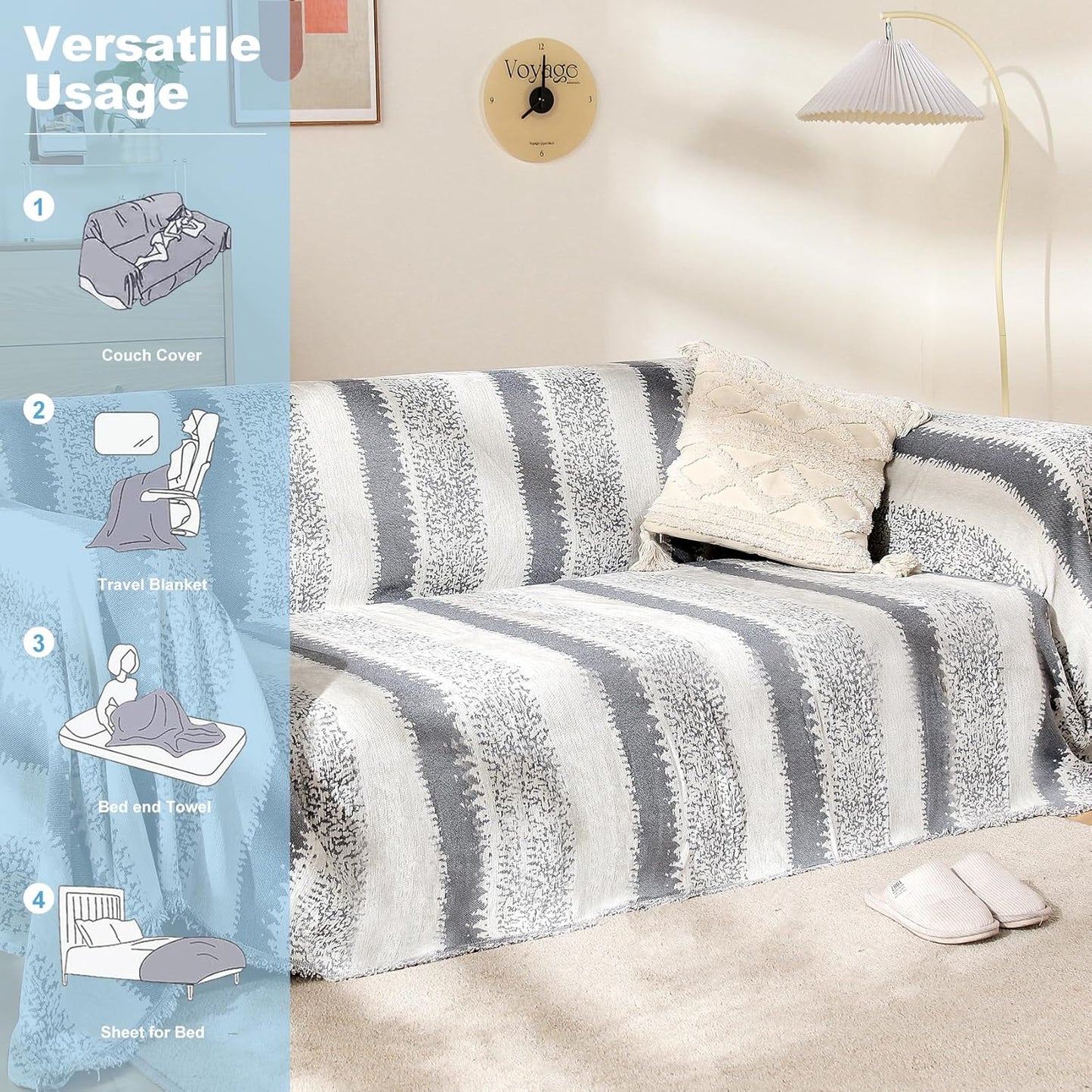 Boho Sofa Cover, Couch Covers for 3 Cushion Couch Sofa Pet Friendly, Sofa Cover Washable, Soft Chenille Living Room Couch Covers Slipcover, Pet Furniture Protecto (1# Grey, 71" x 150")