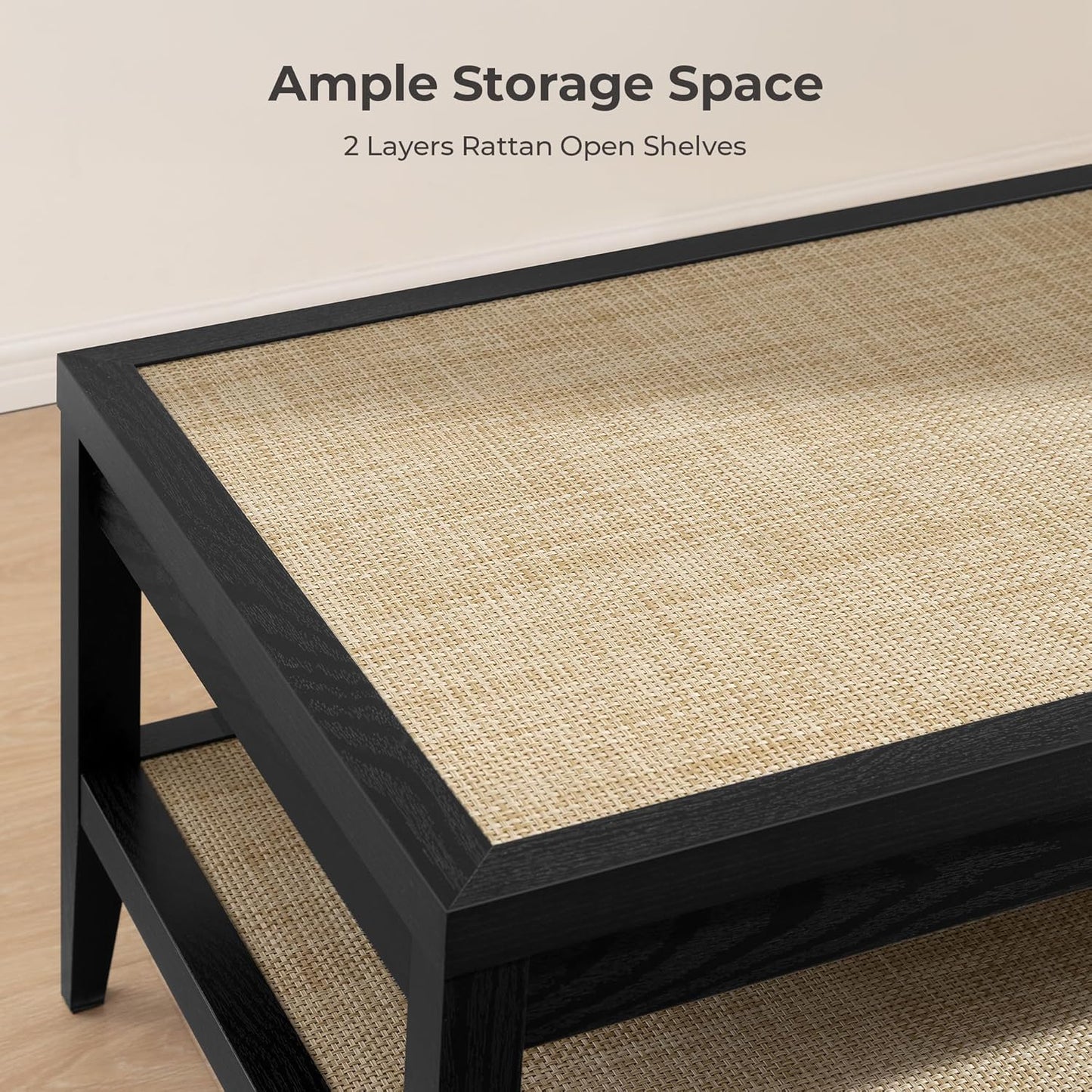 SICOTAS Rectangle Coffee Table for Living Room, Farmhouse Boho Center Table with 2-Tier Rattan Storage Shelves, Sofa Side Accent Table for Small Space, Black Oak