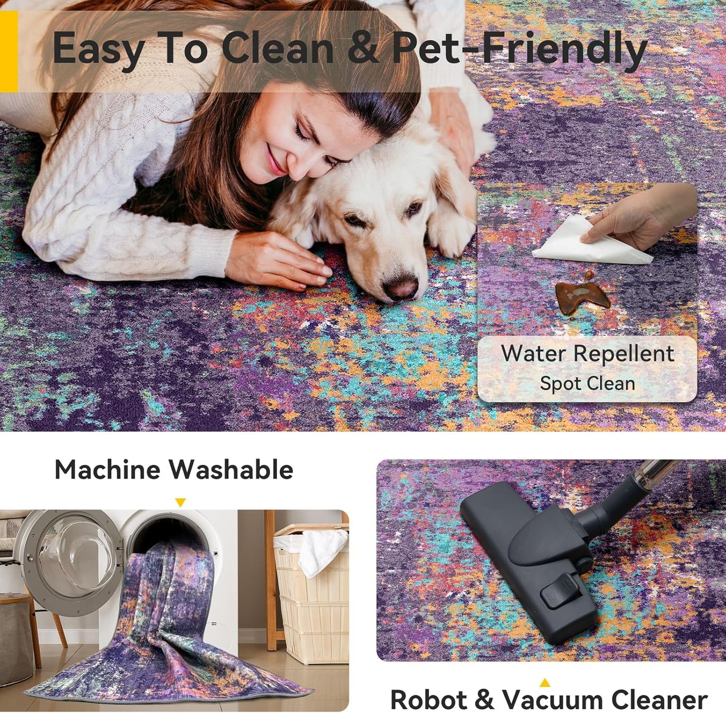 Washable Area Rugs 5'x7' Non-Slip Modern Abstract Soft for Living Room Entryway Bedroom Nursery, Print Pattern, Purple Orange Blue Green Rust Red Colorful