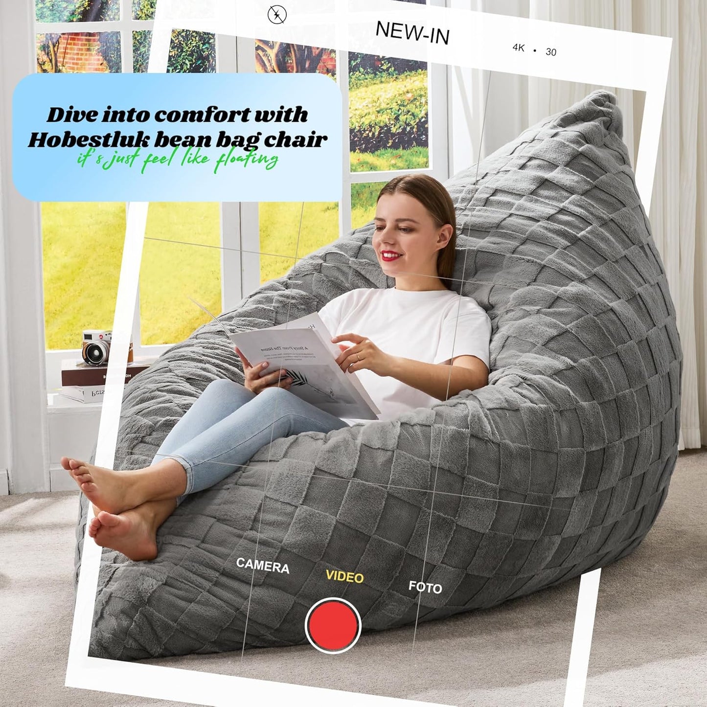 Hobestluk 3 in 1 Bean Bag Chair Giant Bean Bag Chairs for Adults with Plaid Cover Convertible Bean Bag Floor Cushion with Machine Washable Cover for Living Room (Plaid Grey)