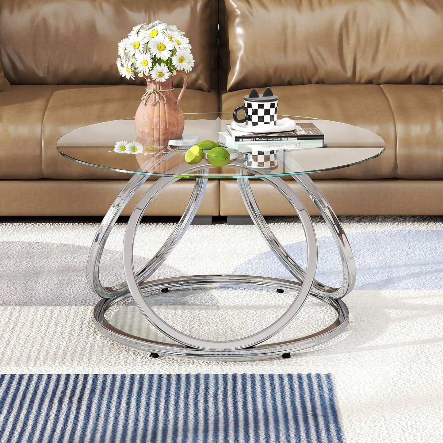 O&K FURNITURE Silver Coffee Table, Modern Glass Coffee Table Living Room Table with Ring-Shaped Frames, Glass Coffee Table for Home&Office, Chrome Finish, 1 PC