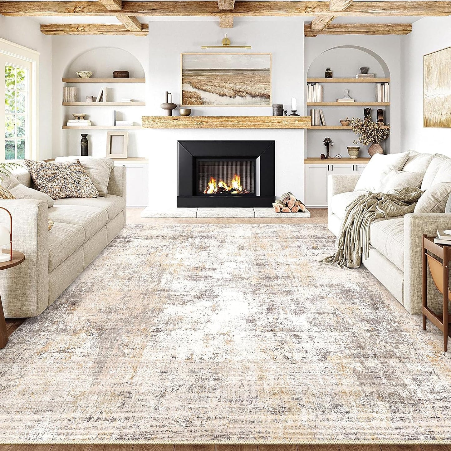 12x15 Washable Area Rug Beige Grey Neutral Abstract Living Room Bedroom Large Throw Rug Non Slip Soft Low Pile Indoor Floor Carpet for Dining Room Kitchen Office Entryway