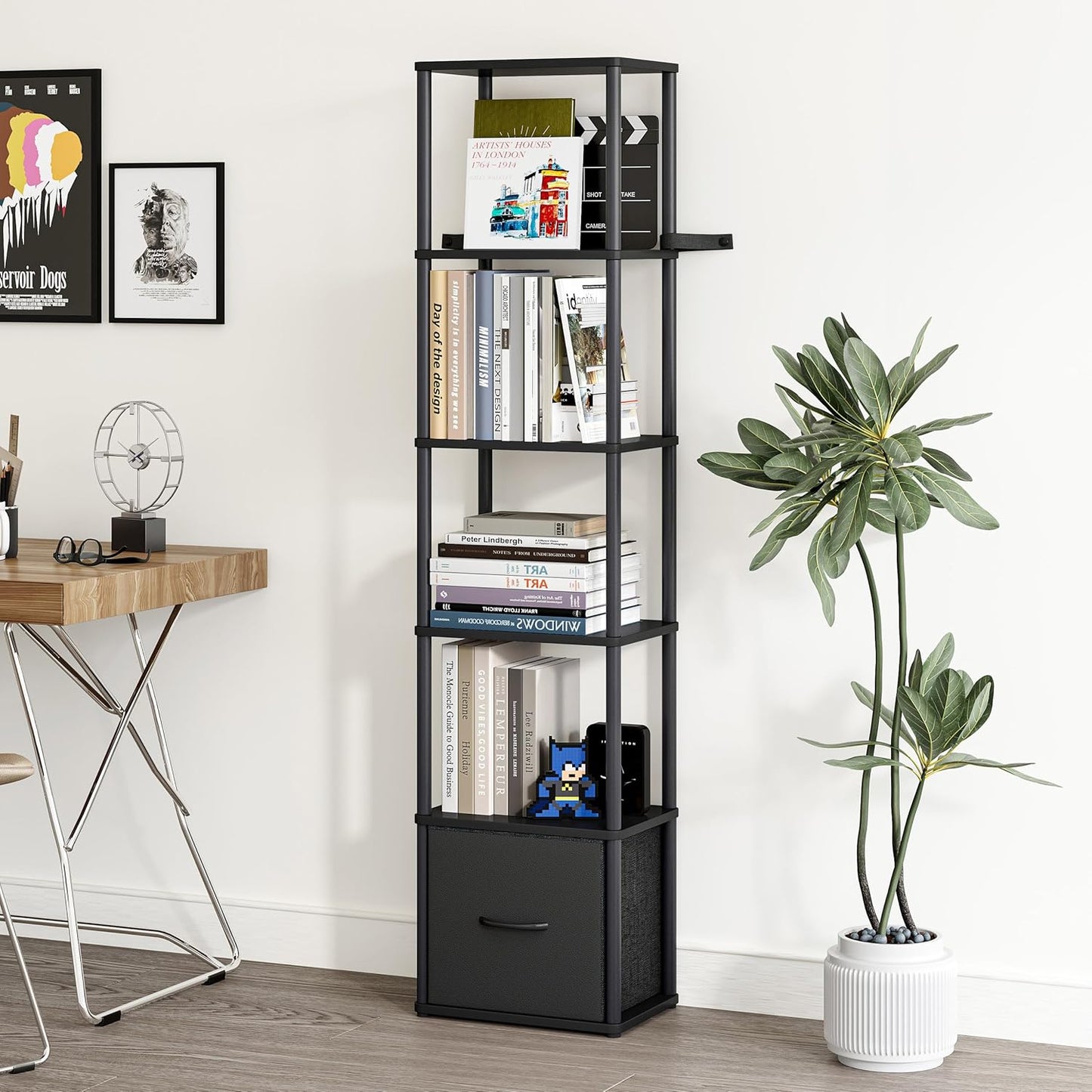 6-Tier Bookshelf with Drawer, Narrow Bookshelves Organizer, Floor Standing Ladder Shelf, Tall Bookcase for Small Space, Book shelf with Storage for Living Room, Bedroom, Office, Study Black HBC505B