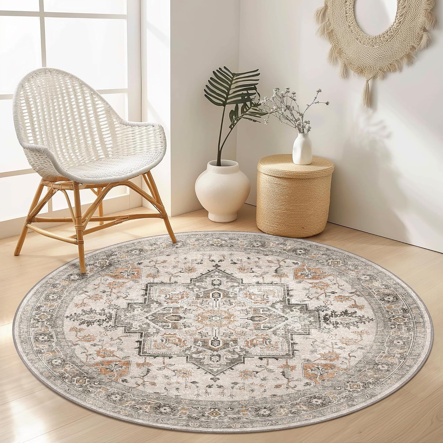 GENIMO 3FT Round Area Rugs for Living Room, Circle Rugs Machine Washable Low Pile, Chenille Non Slip Vintage Rug for Bedroom, Dining Room, Home Office, Light Taupe Brown