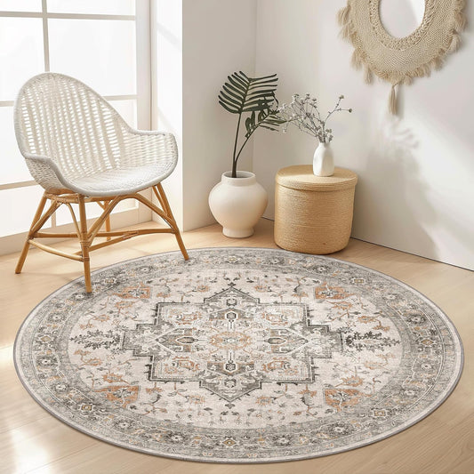 GENIMO 3FT Round Area Rugs for Living Room, Circle Rugs Machine Washable Low Pile, Chenille Non Slip Vintage Rug for Bedroom, Dining Room, Home Office, Light Taupe Brown