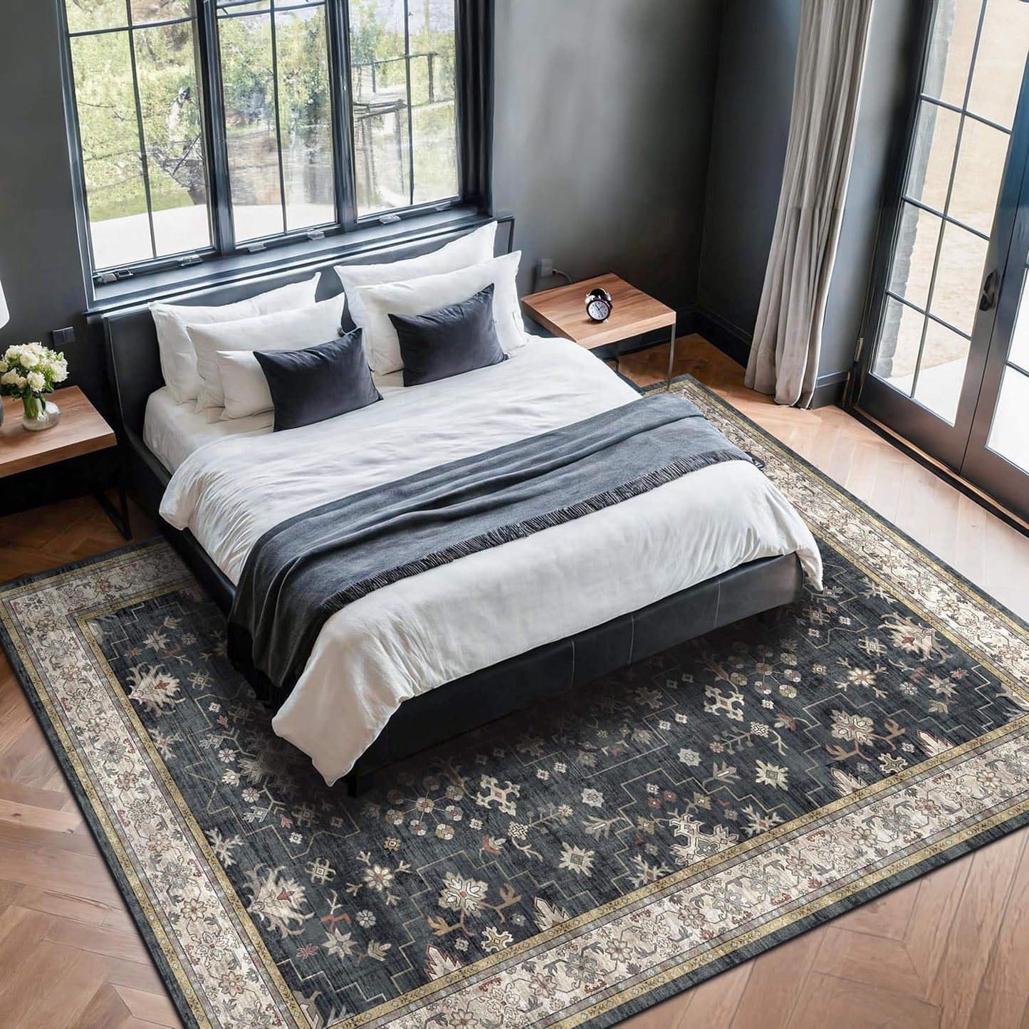 Black Boho Living Room Rug 5x7, Washable Dark Vintage Moody Low Pile Non Slip Carpet for Bedroom, Dinning Room, Office, Farmhouse, Retro Area Rug Indoor Decor (5x7 Black/Multi)