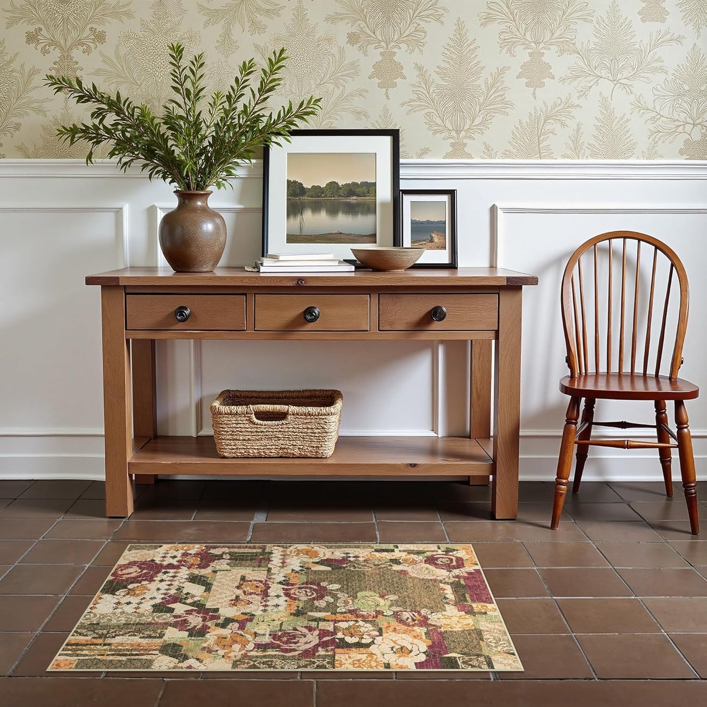 GENIMO Area Rug 2x3 Doormat, Machine Washable Low Pile Rugs, Small Floral Patchwork Retro Chenille Entryway Mat for Entrance, Hallway, Kitchen and Corridor, Auburn Cinnamon