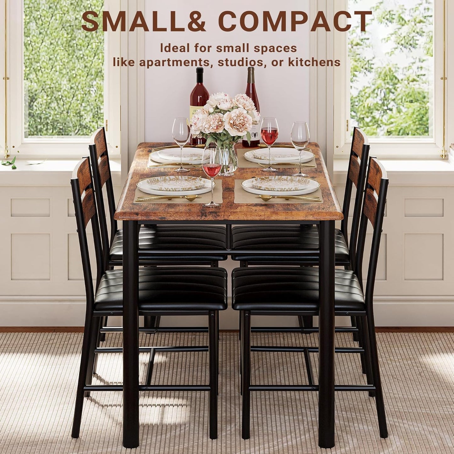 IRONCK Dining Table Set for 4, Wood Kitchen Table with Upholstered Chairs for Kitchen Room and Small Spaces, Rustic Brown