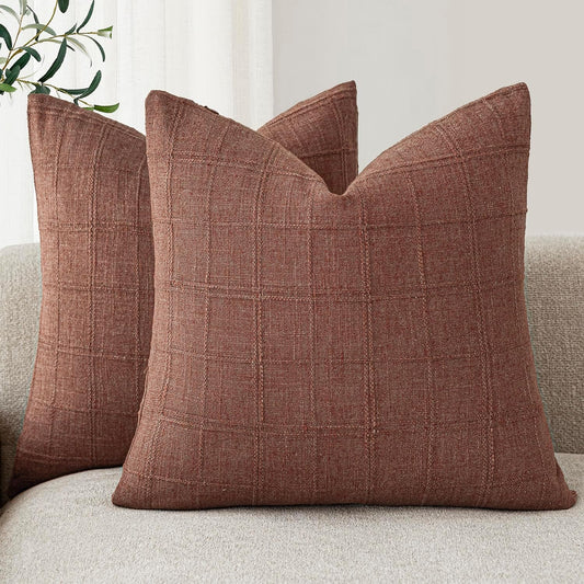 Foindtower Set of 2 Decorative Linen Check Throw Pillow Covers Neutral Farmhouse Vintage Cushion Covers Modern Boho Home Decor for Sofa Chair Couch Bedroom Living Room Outdoor,24×24 Inch,Autumnal Red