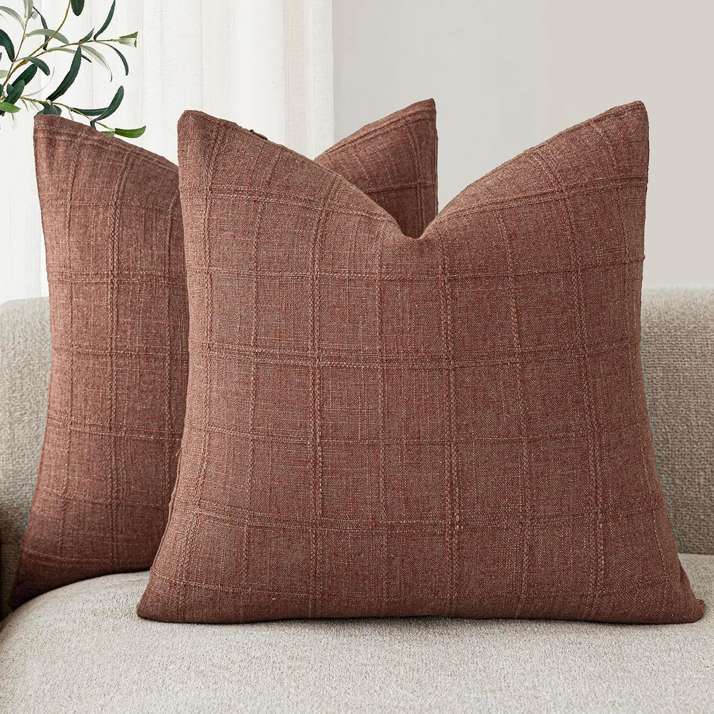 Foindtower Set of 2 Decorative Linen Check Throw Pillow Covers Neutral Farmhouse Vintage Cushion Covers Modern Boho Home Decor for Sofa Chair Couch Bedroom Living Room Outdoor,18×18 Inch,Autumnal Red