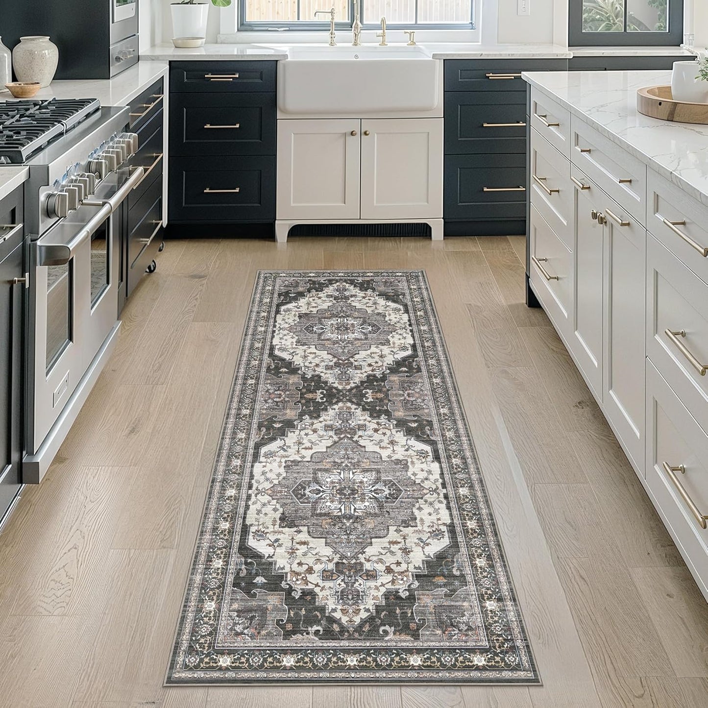 GENIMO 3X7 Hallway Runner Rug, Machine Washable Non Slip Vintage Floral Patchwork Runners, Thin Low Pile Chenille Carpet Runners for Entryway, Kitchen, Bathroom, Bedroom, Slate Gray