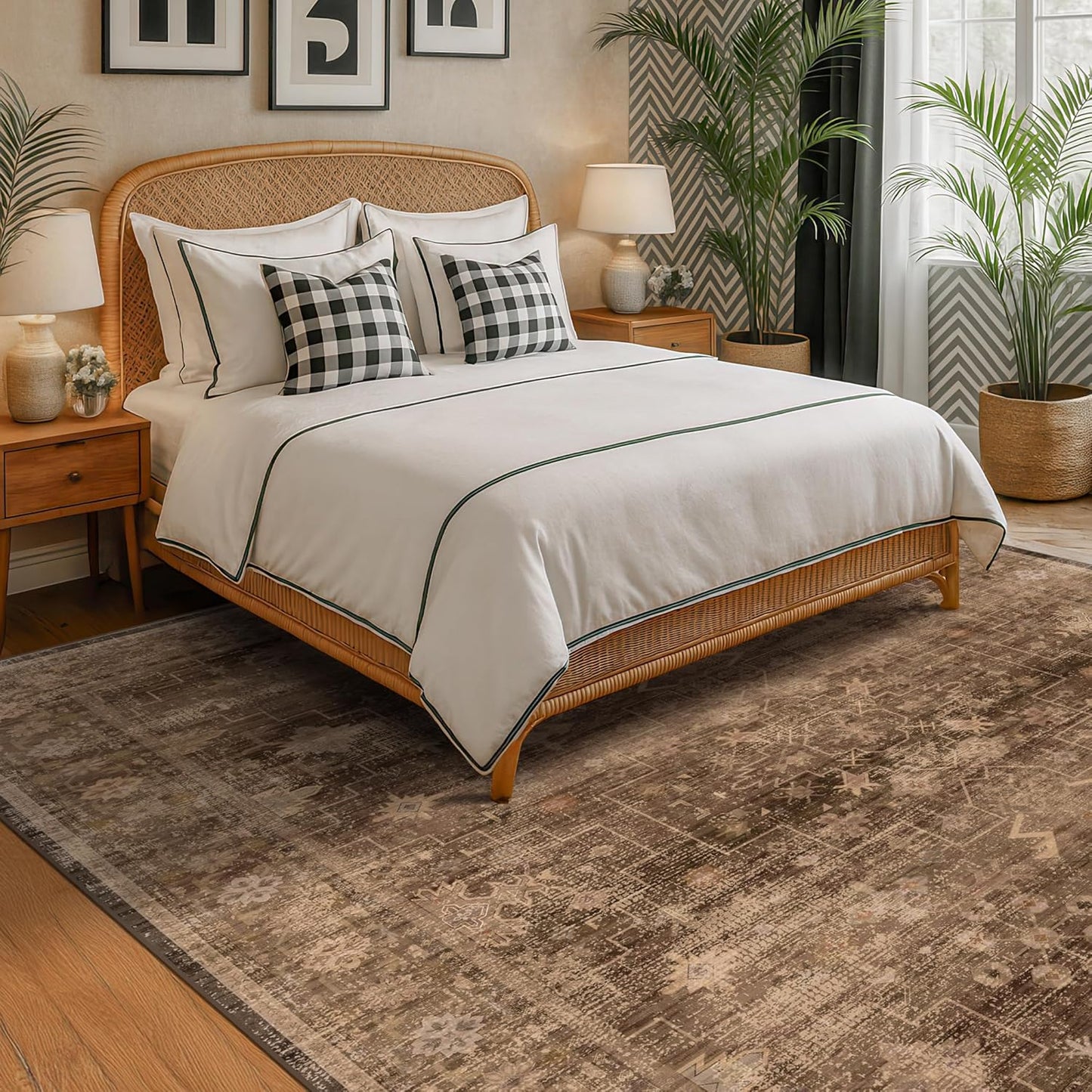 Boho Taupe Brown Living Room Rug 8x10 - Modern Vintage Traditional Eclectic Oriental Neutral, Washable Low Pile Non-Slip Extra Large Area Rugs for Dining Under Table Bedroom Lounge