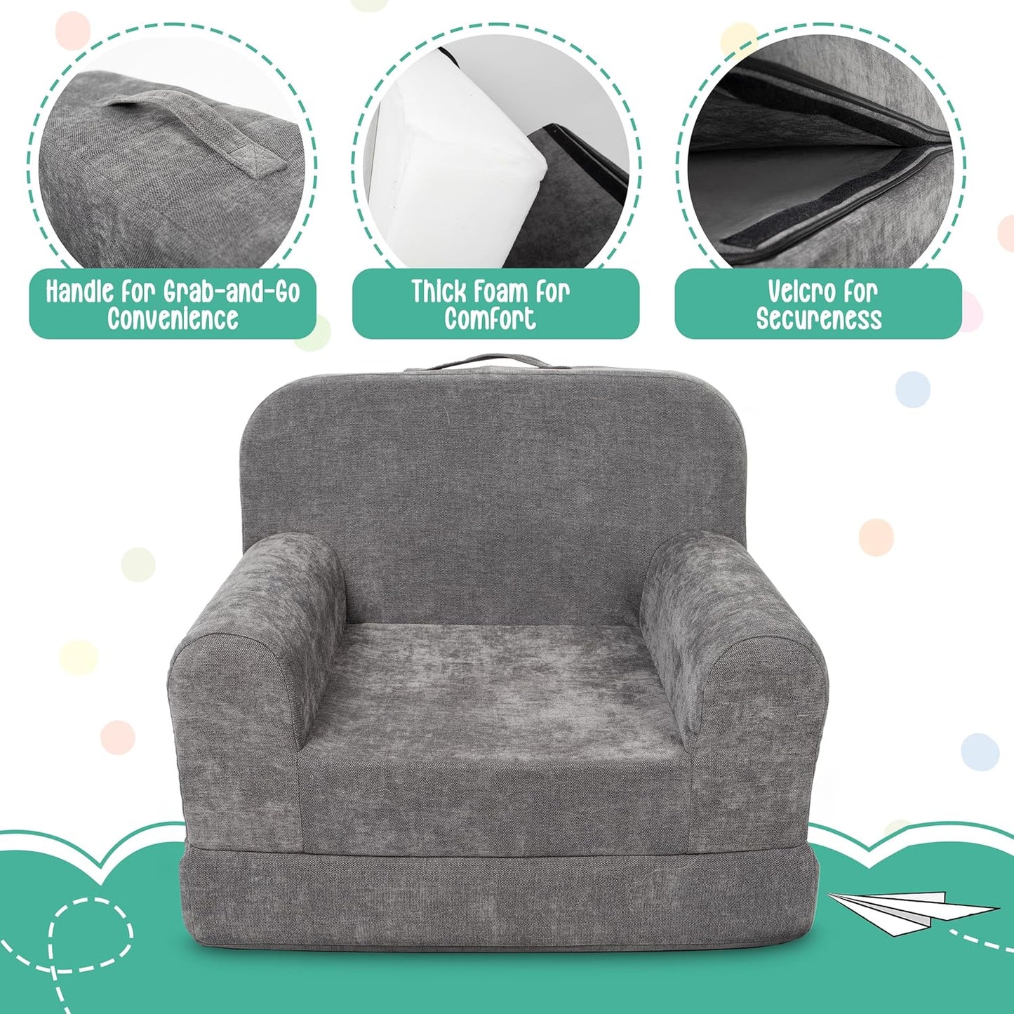 ParkaLounger Children's Sofa 2-in-1 Convertible Chair & Sleeper - Durable Foam Keeps Its Shape - Lightweight, Portable with Handle - Soft, Sturdy & Cozy Seat for Lounging & Play, Gray, Medium