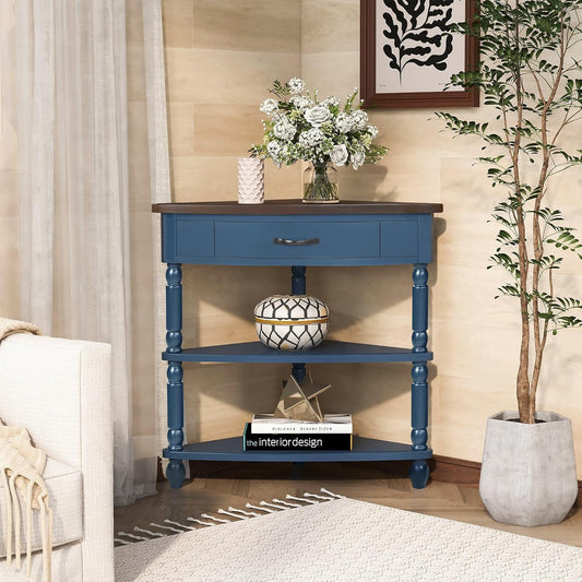GDFStudio Trmxmbi 3 Tier Corner Console Table with 1 Storage Drawers and Shelves, 33.8'' Rustic Wood Triangle Sofa End Table for Small Spaces, Solid Wood Legs, Navy Blue and Espresso Top