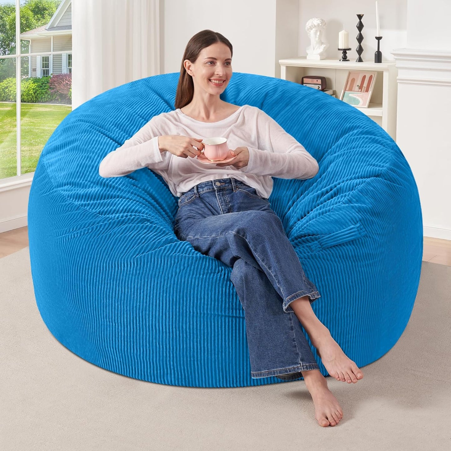 HABUTWAY 3FT Bean Bag Chair,Giant Bean Bag Chairs for Adults,Big Bean Bags with Memory Foam Filled, Large Beanbag Chairs with Soft Corduroy Cover-Blue