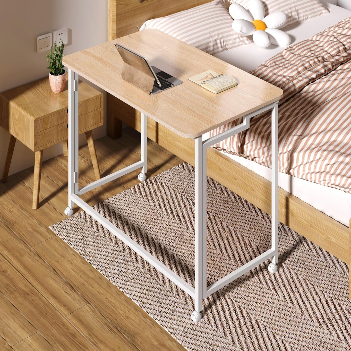 4NM 31.5" Mobile Small Rolling Computer Desk, Folding Laptop Cart Table with Wheels, Portable Office Desk for Small Space Couch Bed - Natural and White