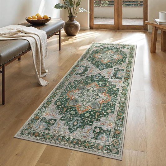 GENIMO 2x10 Runner Rugs for Hallway, Machine Washable Non Slip Vintage Rugs, Low Pile Lightweight Soft Print Rug for enrtyway, Corridor, Home Office, Kitchen,Pine Green